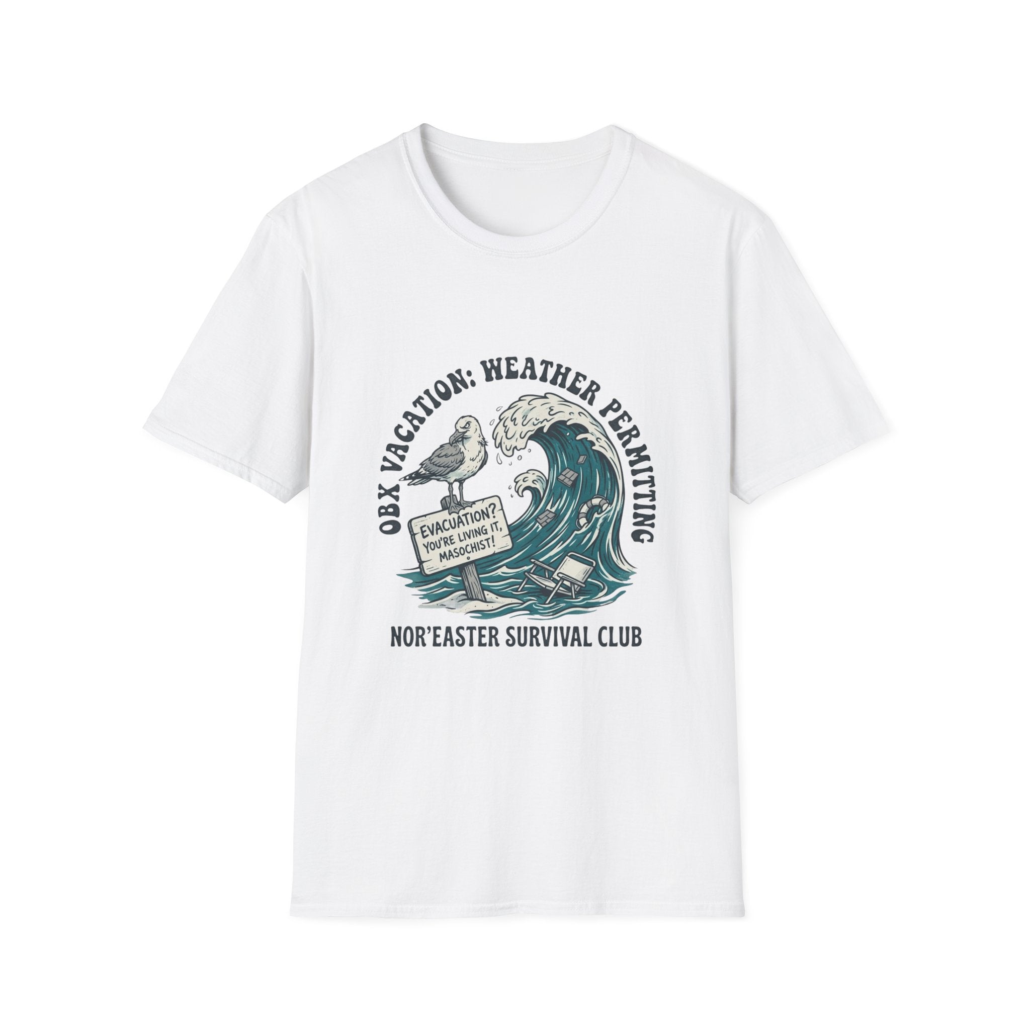 Nor'easter Survival Club T-Shirt — "OK, Vacation: Weather Permitting" Seagull & Wave Tee
