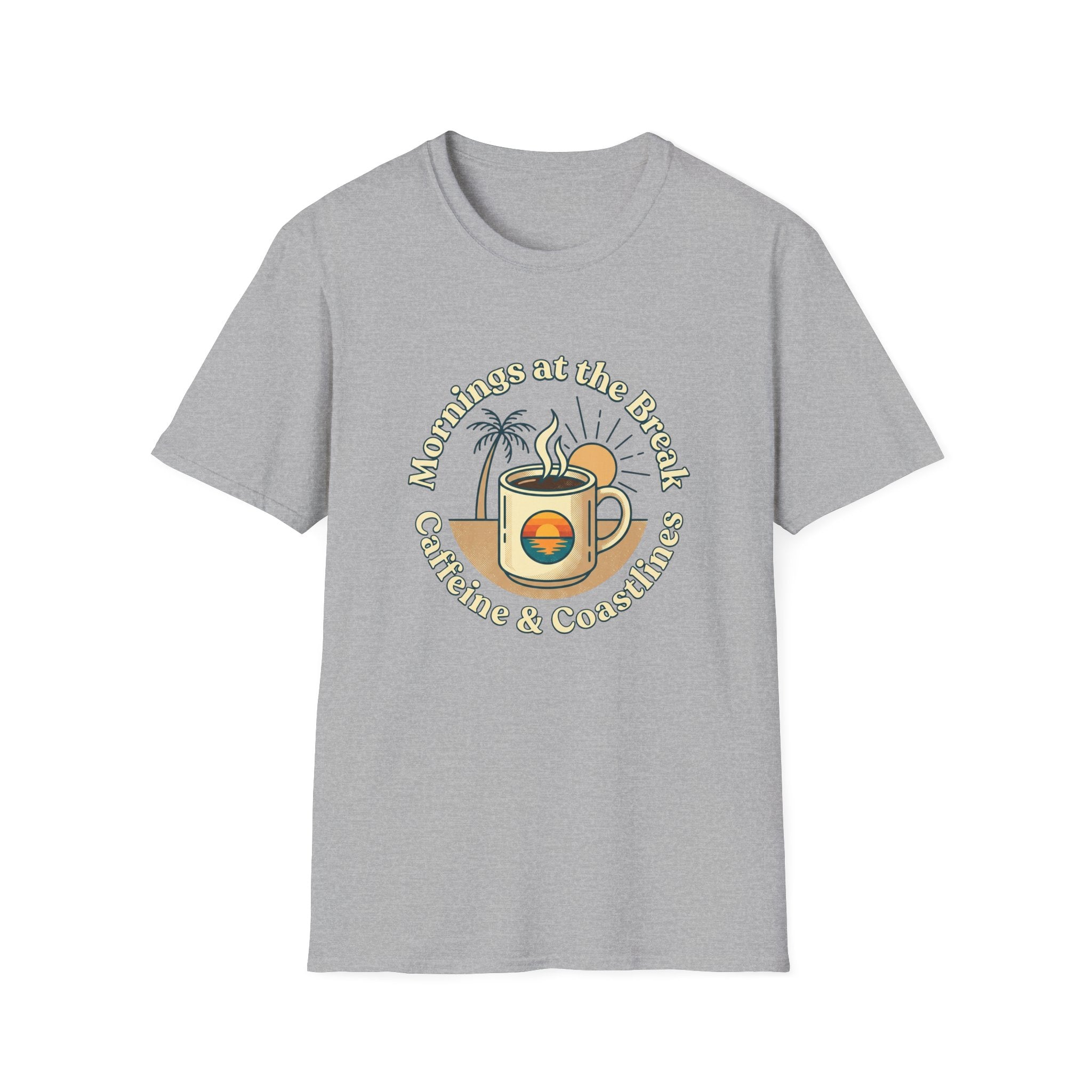 Beach Coffee T-Shirt — "Mornings at the Beach: Sunshine & Caffeine"