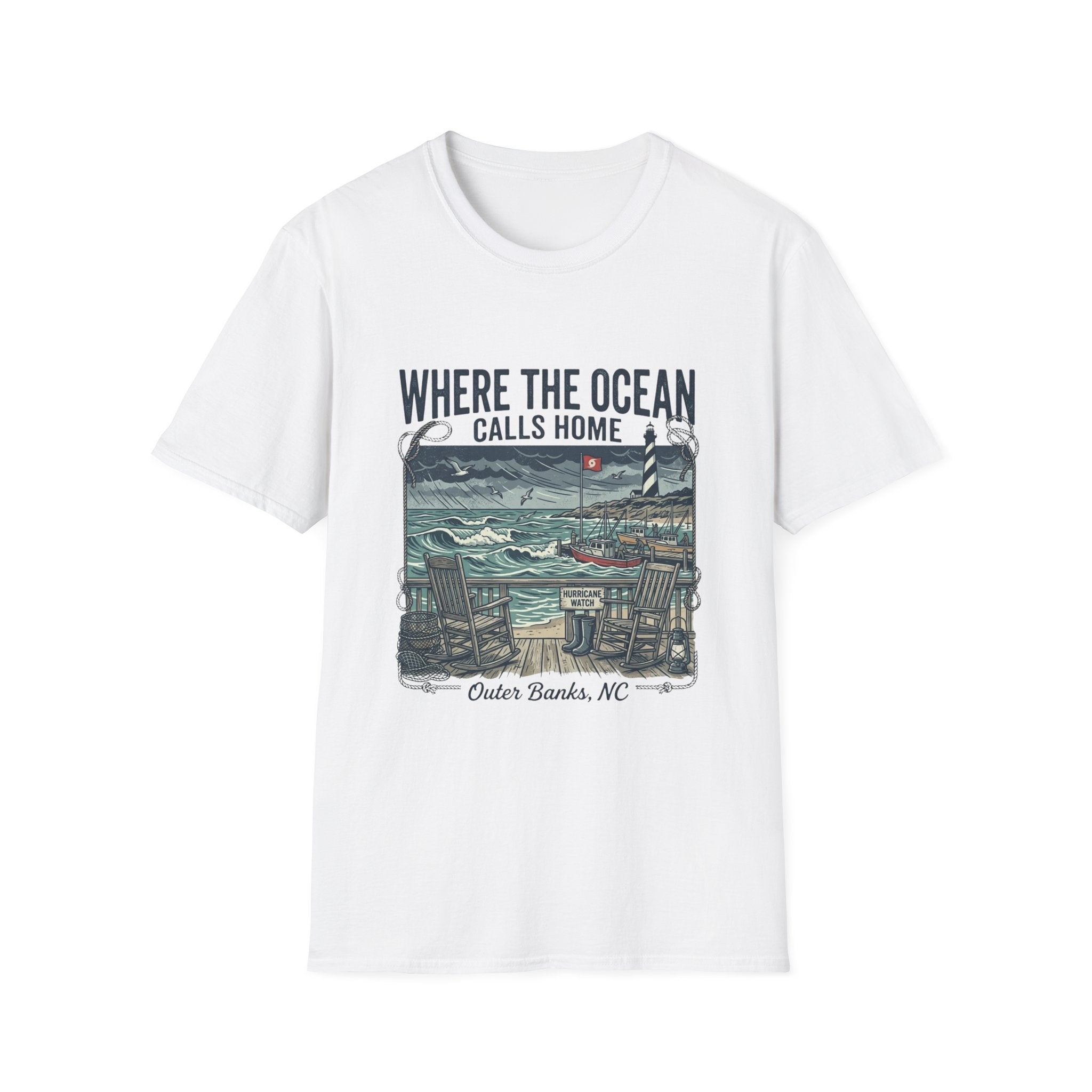 Where the Ocean Calls Home T‑Shirt — Coastal Lighthouse Graphic Tee (Outer Banks)