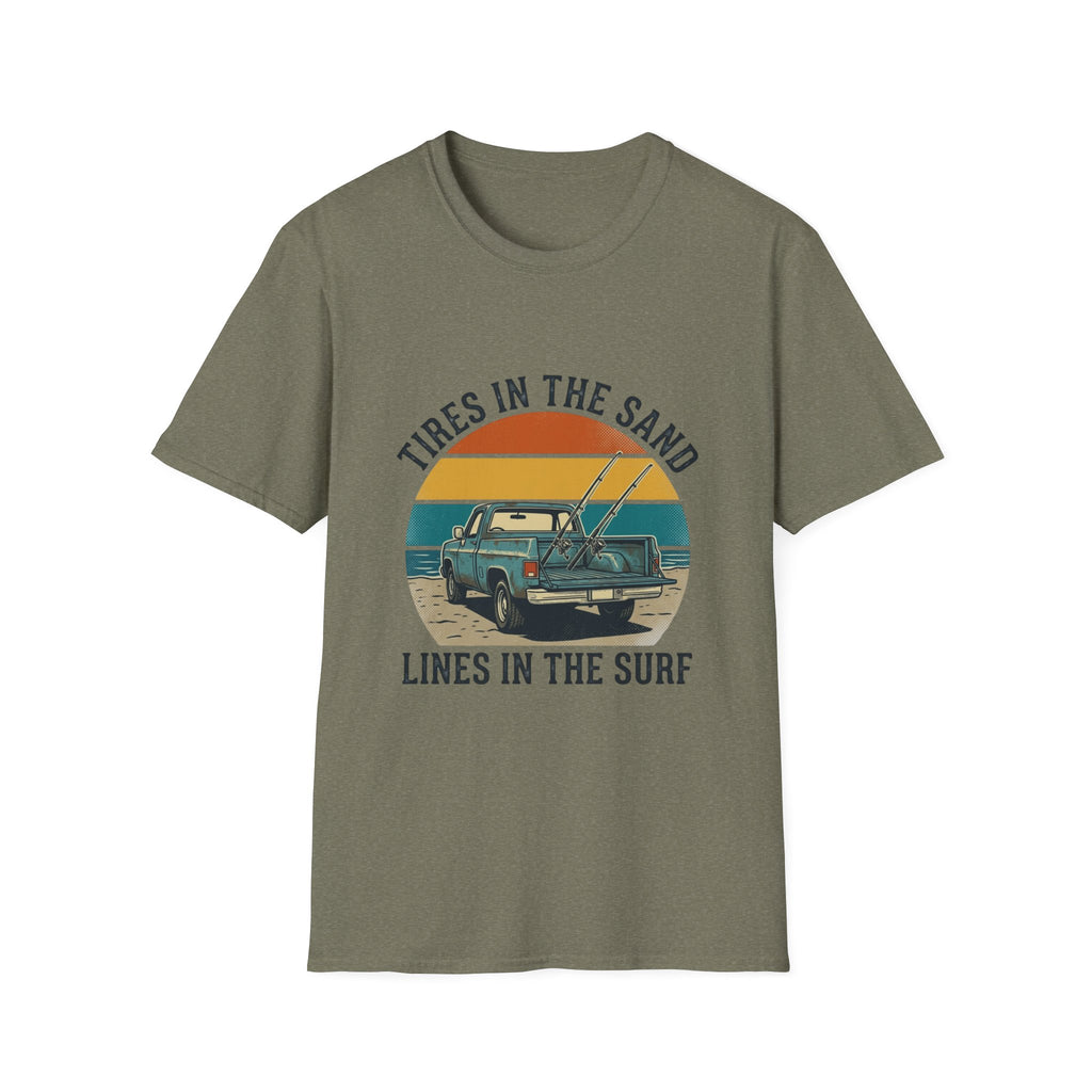 Surf Jeep T-Shirt — "Tires in the Sand, Lines in the Surf" Retro Beach Graphic