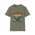 Surf Jeep T-Shirt — "Tires in the Sand, Lines in the Surf" Retro Beach Graphic