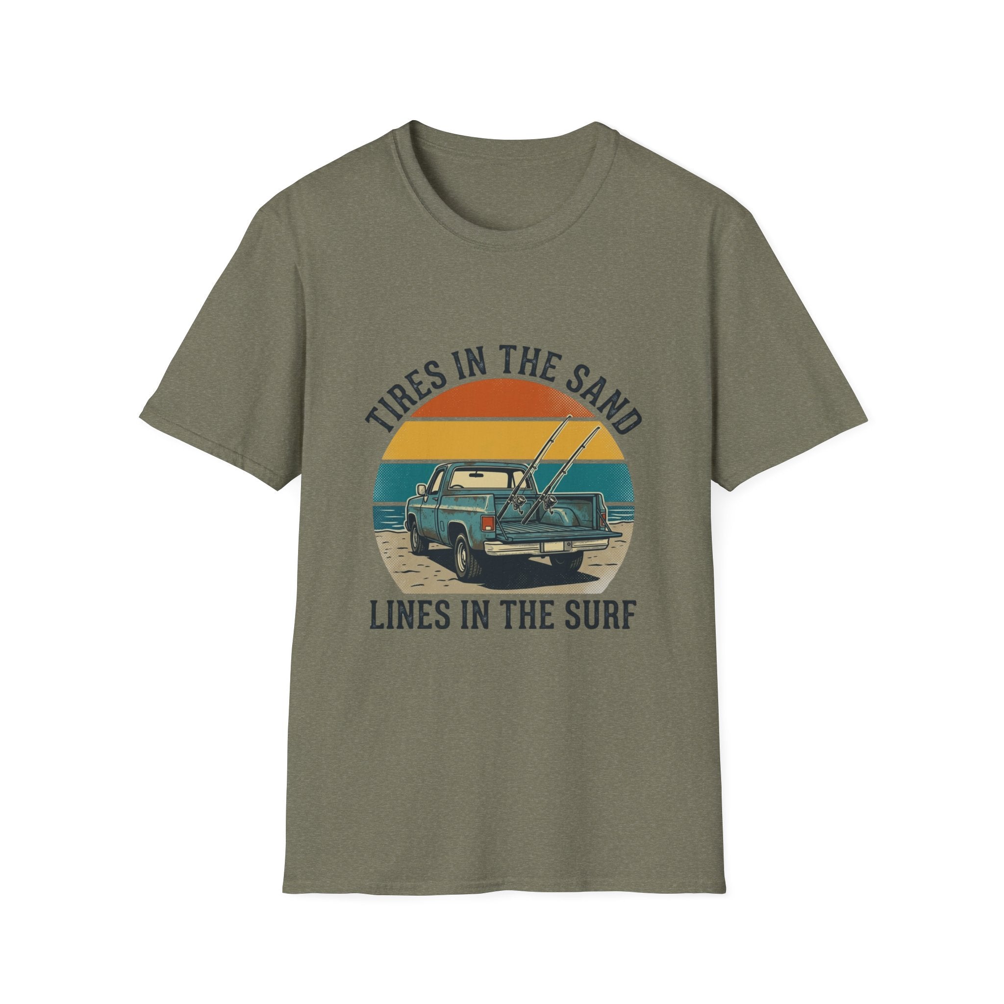 Surf Jeep T-Shirt — "Tires in the Sand, Lines in the Surf" Retro Beach Graphic