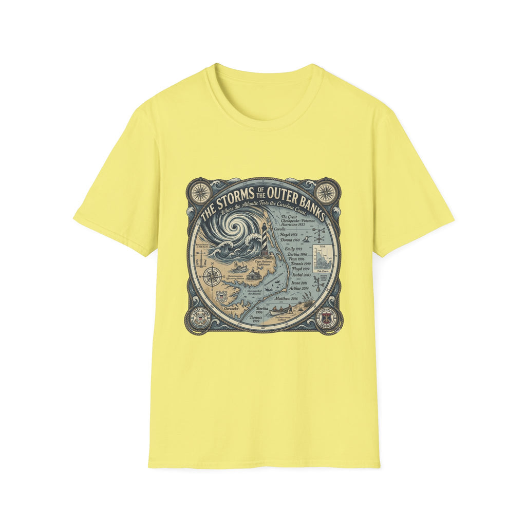 Outer Banks Storms Map T-Shirt — Vintage Coastal Weather Illustration