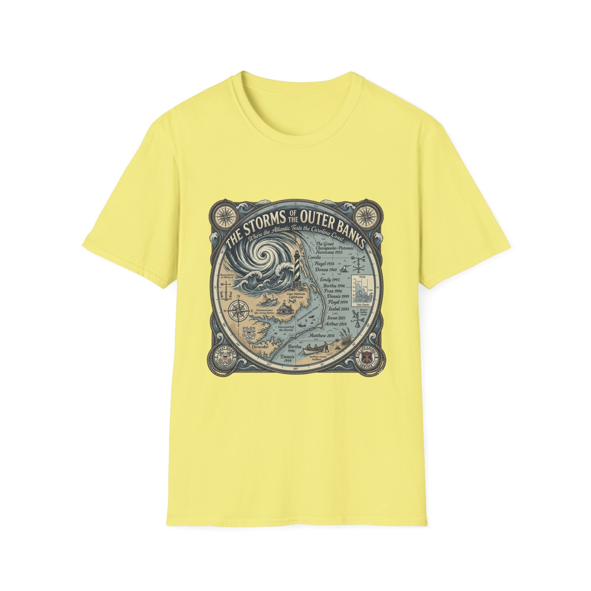 Outer Banks Storms Map T-Shirt — Vintage Coastal Weather Illustration