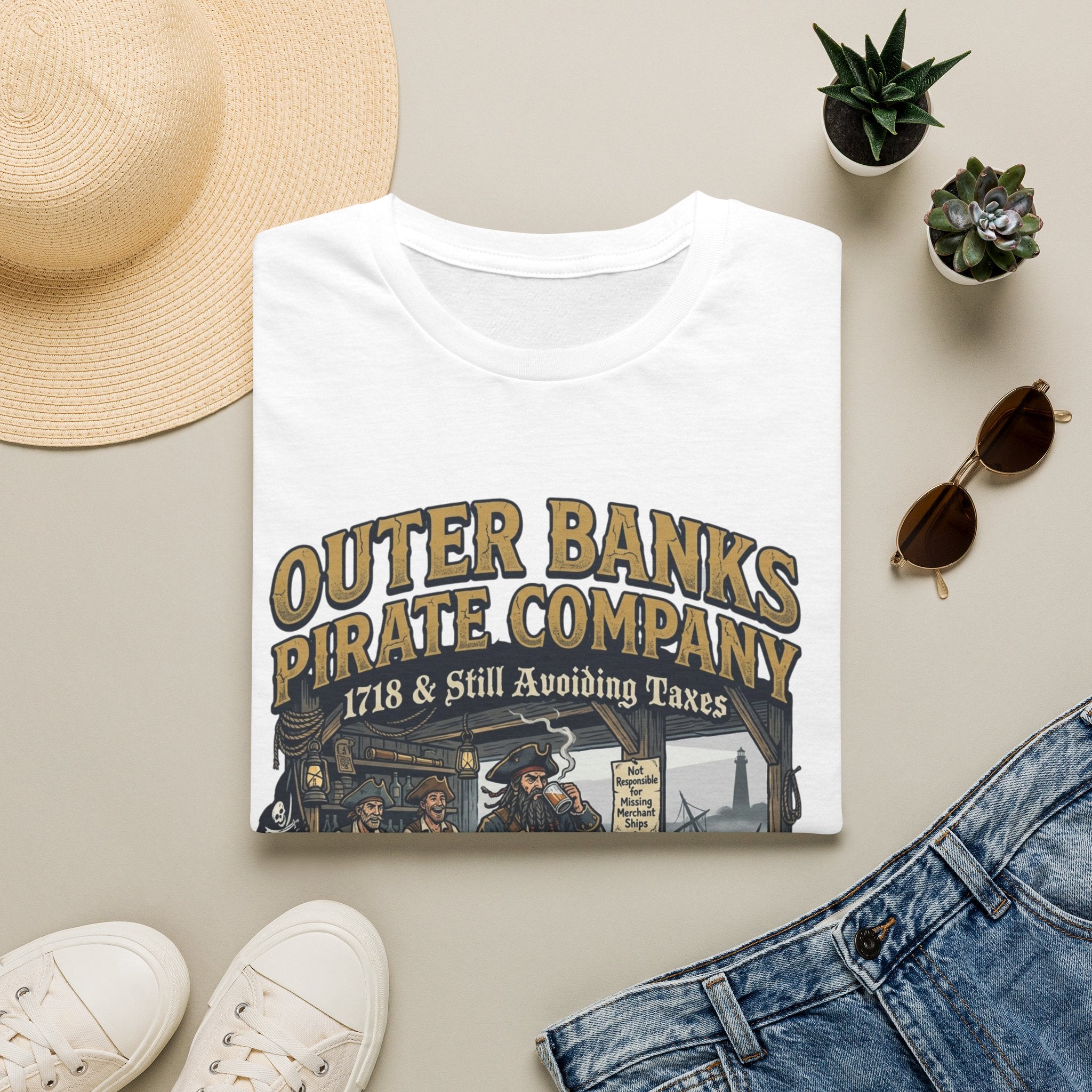 Outer Banks Pirate Company T-Shirt — "1718 & Still Avoiding Taxes" Vintage Nautical Tee