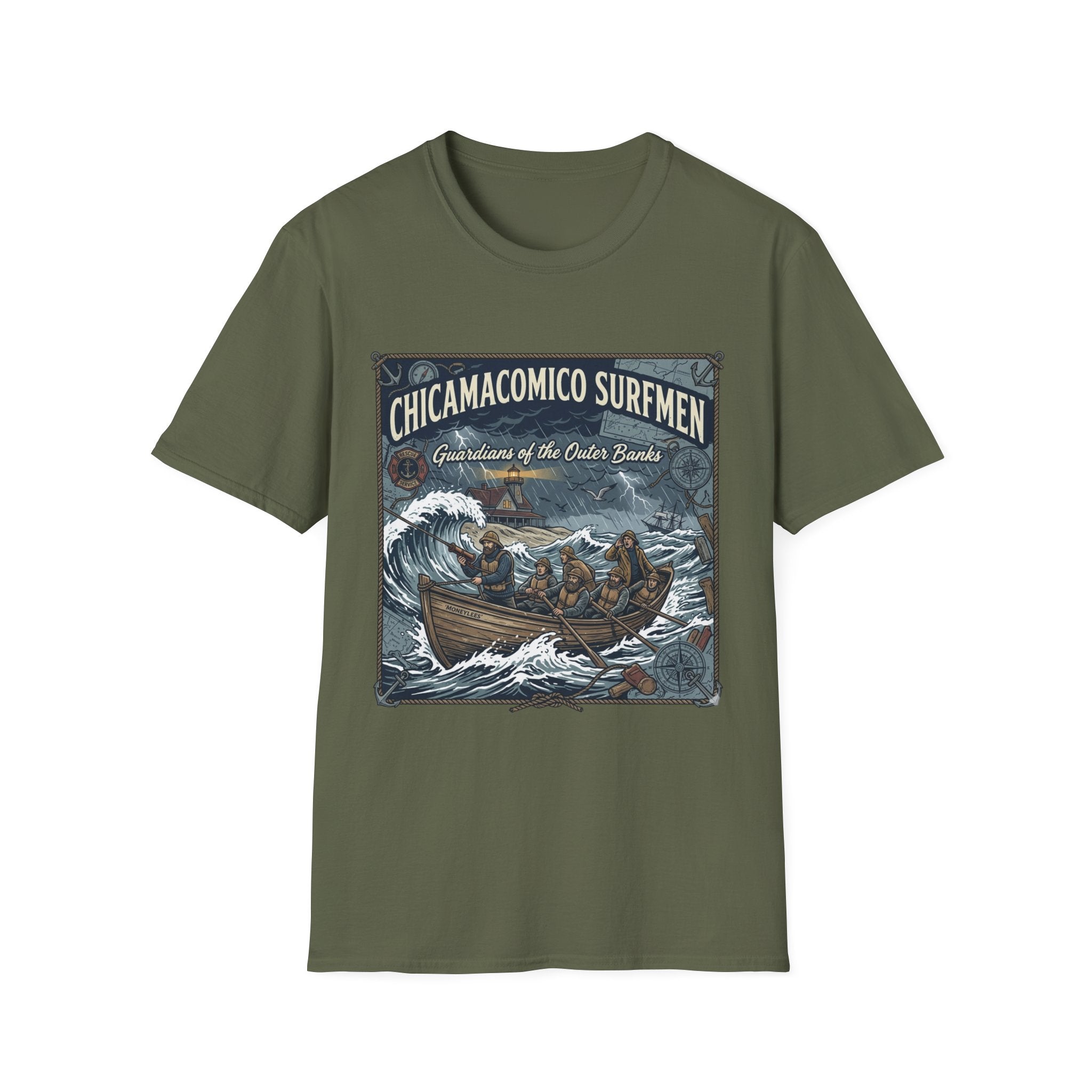 Chicamacomico Surfmen T‑Shirt — "Guardians of the Outer Banks" Vintage Surf Rescue Tee