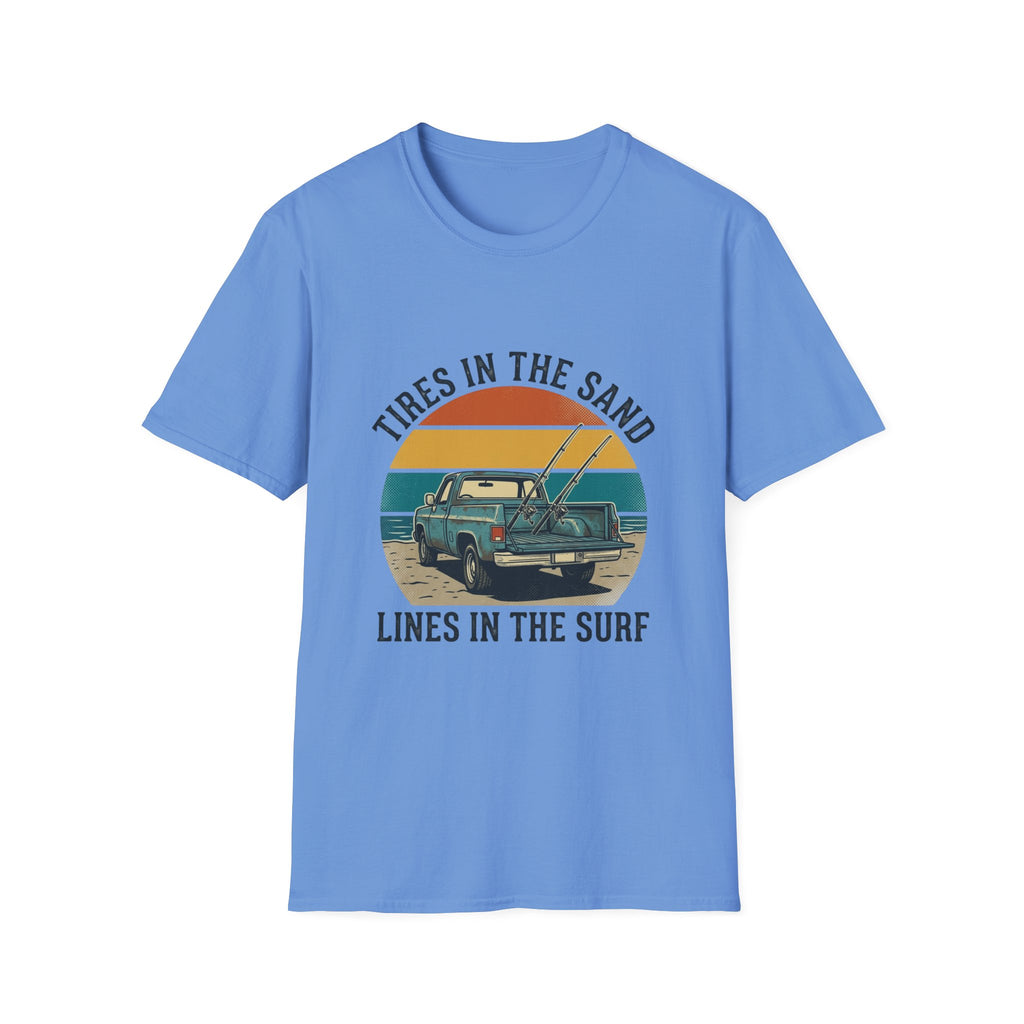 Surf Jeep T-Shirt — "Tires in the Sand, Lines in the Surf" Retro Beach Graphic