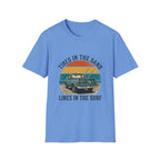 Surf Jeep T-Shirt — "Tires in the Sand, Lines in the Surf" Retro Beach Graphic