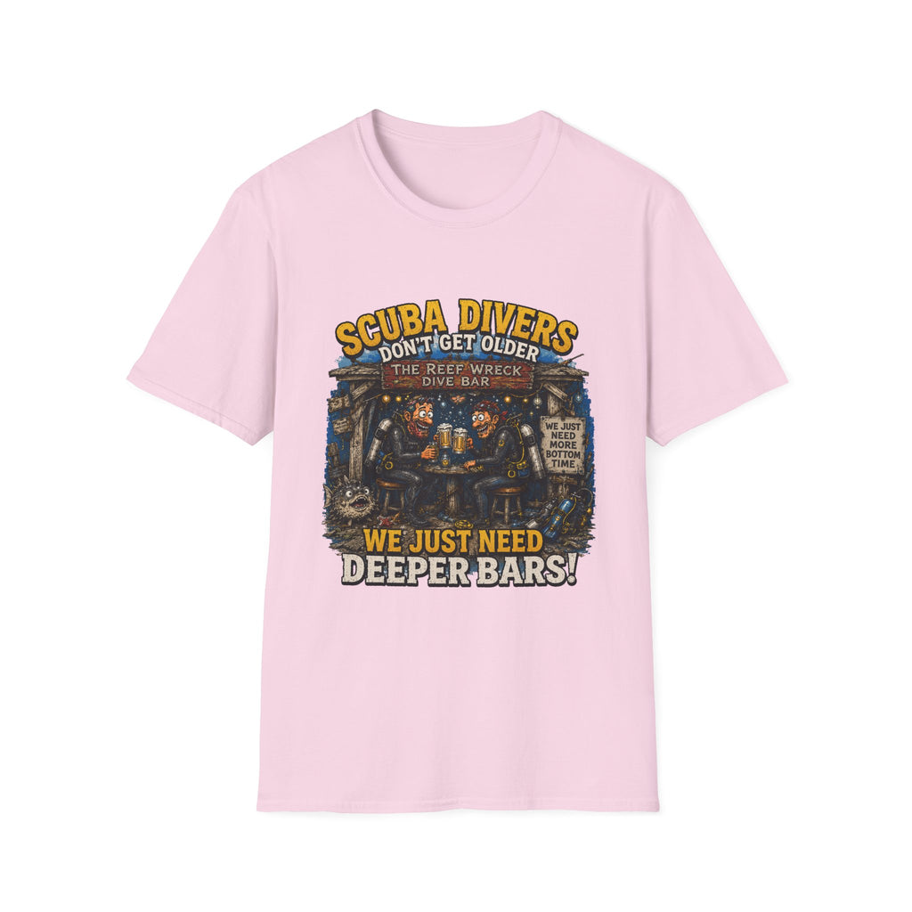 Scuba Divers Don’t Get Older We Just Need Deeper Bars T-Shirt — Funny Diver Tee for Scuba Enthusiasts