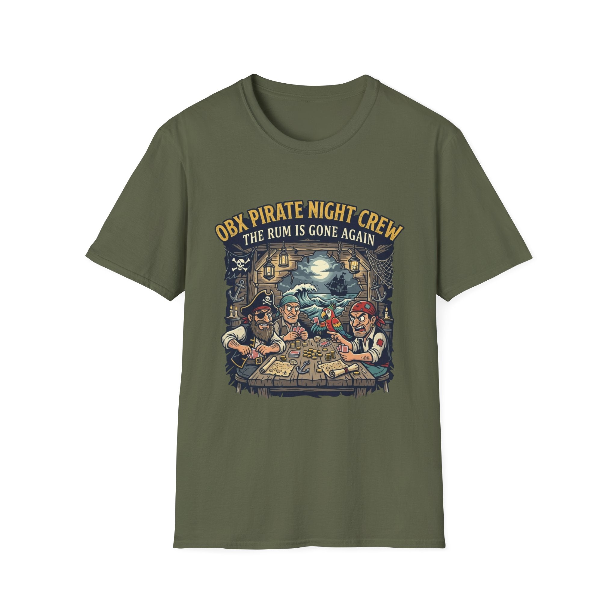 Pirate Night Crew T‑Shirt — "OBX Pirate Night Crew: The Rum Is Gone Again" Graphic Tee