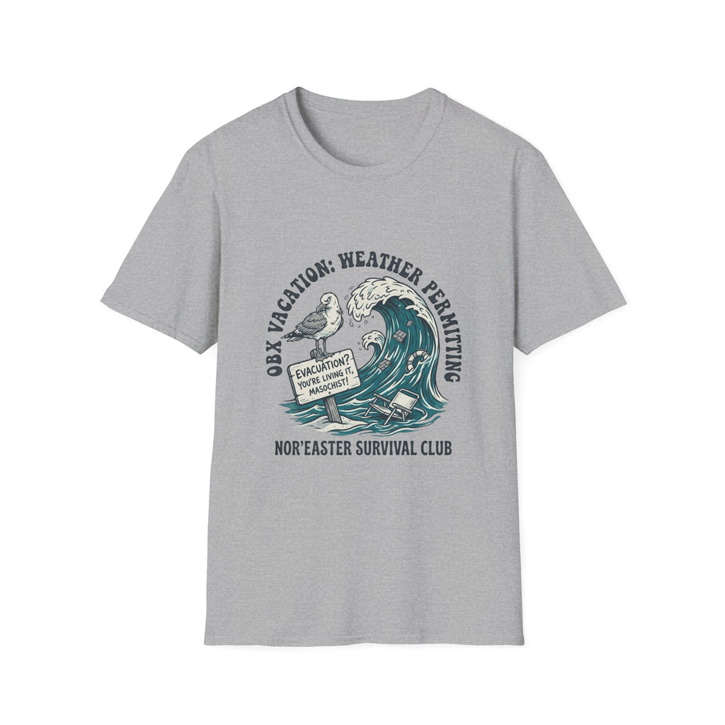 Nor'easter Survival Club T-Shirt — "OK, Vacation: Weather Permitting" Seagull & Wave Tee