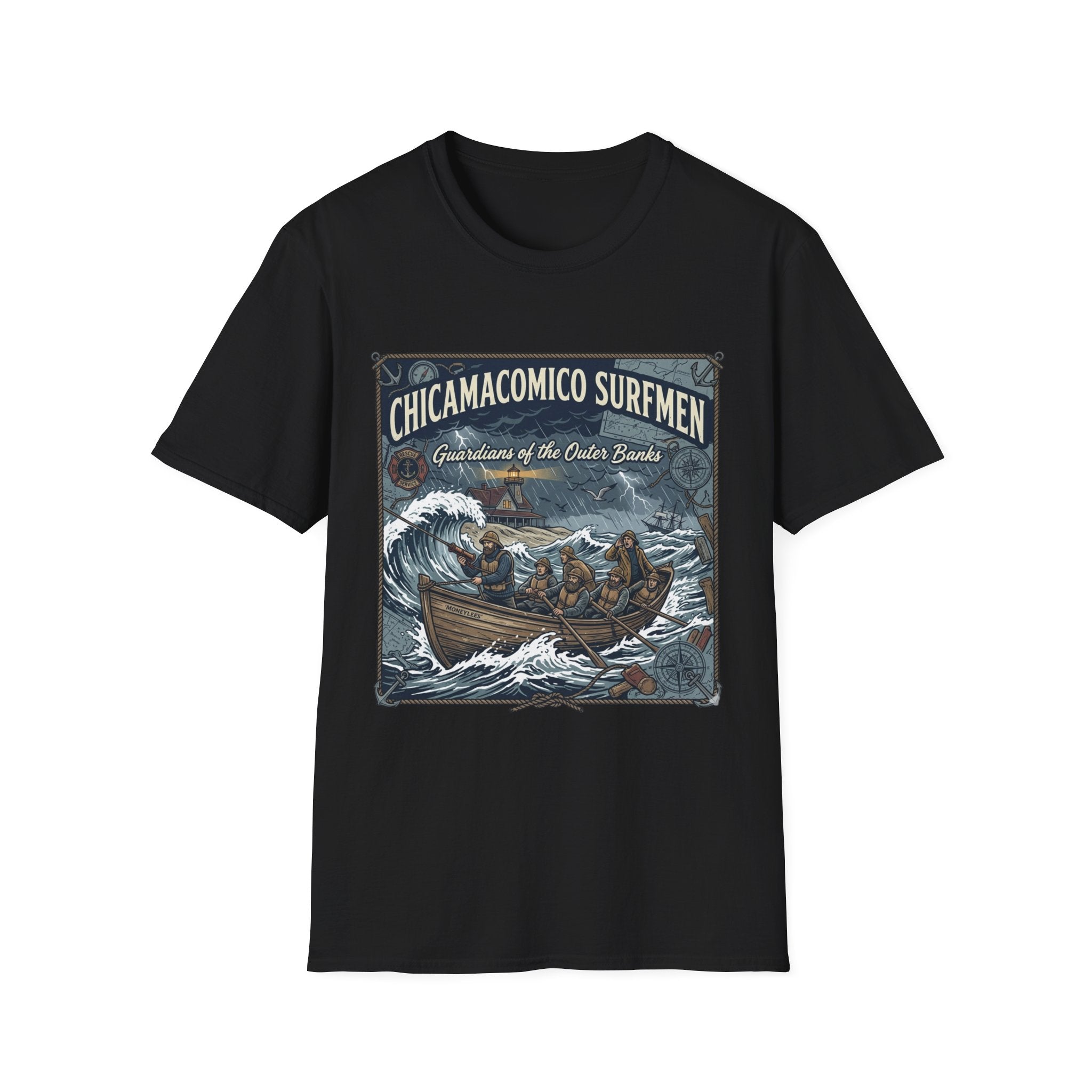 Chicamacomico Surfmen T‑Shirt — "Guardians of the Outer Banks" Vintage Surf Rescue Tee