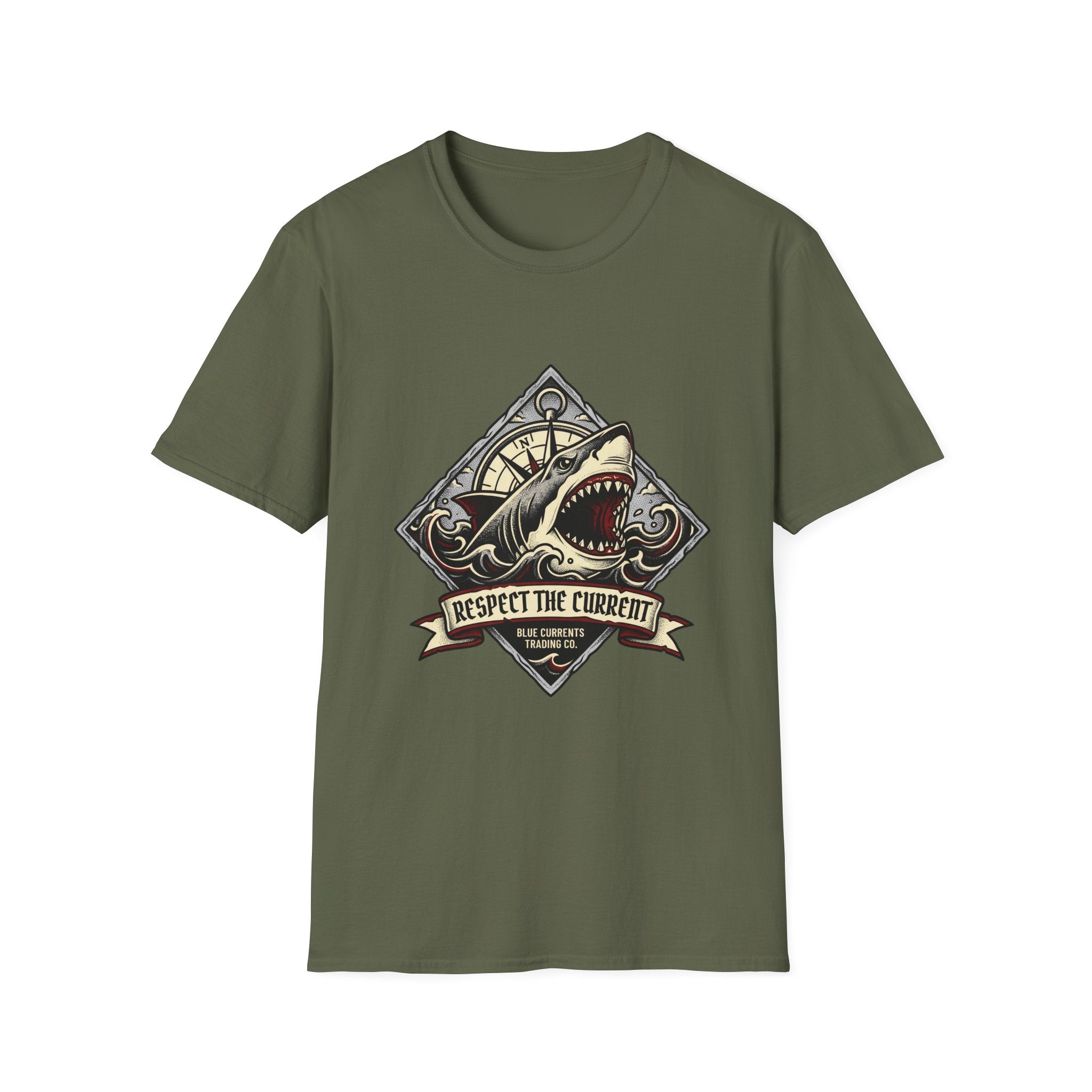 Shark Vintage Crest T-Shirt — "Respect the Current" Nautical Graphic Tee
