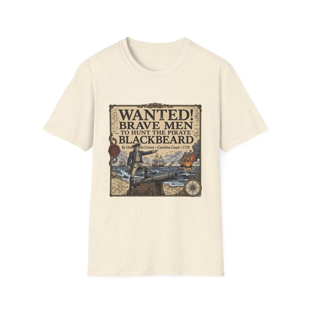 Wanted! Brave Men to Hunt the Pirate Blackbeard T-Shirt — Vintage Pirate Poster Tee