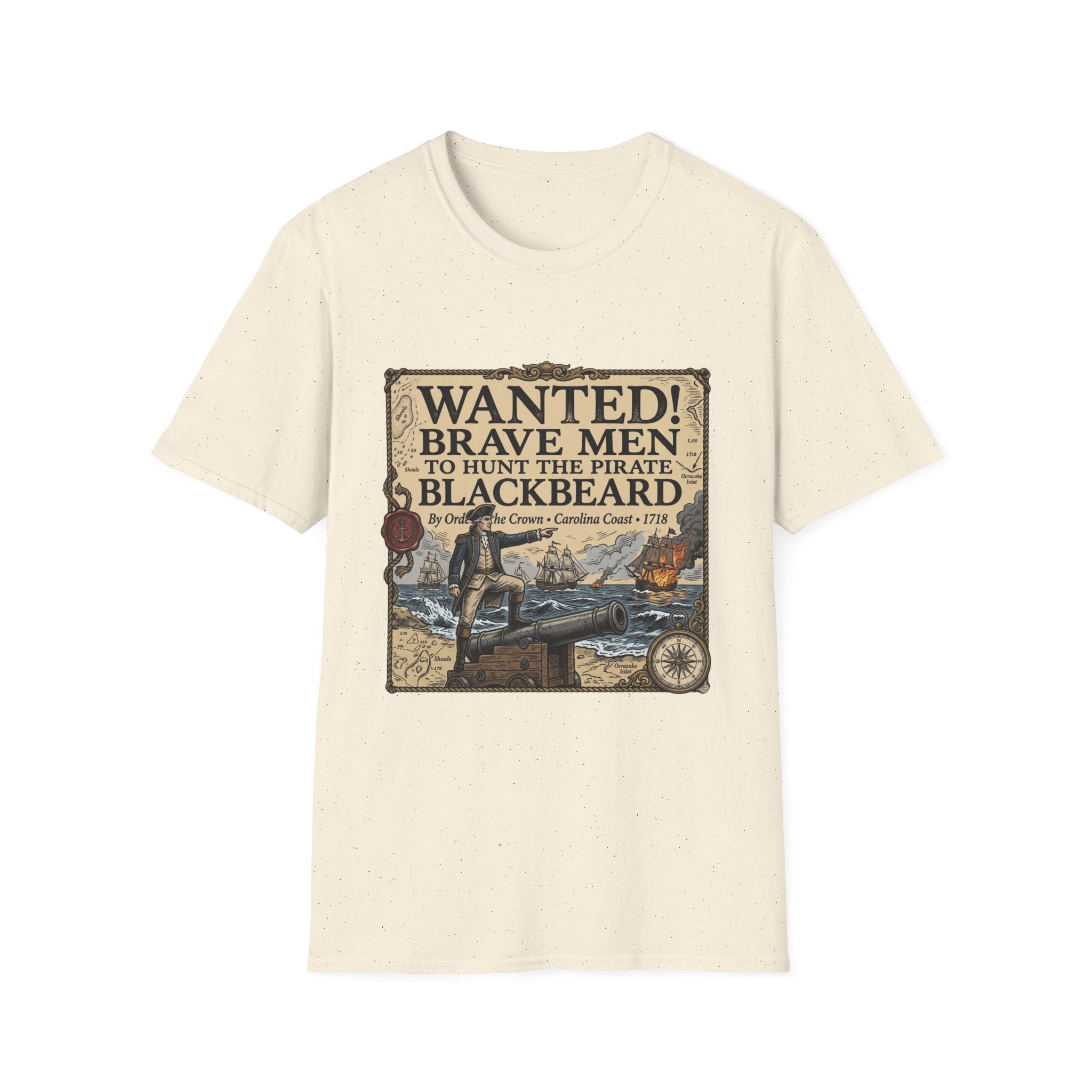 Wanted! Brave Men to Hunt the Pirate Blackbeard T-Shirt — Vintage Pirate Poster Tee