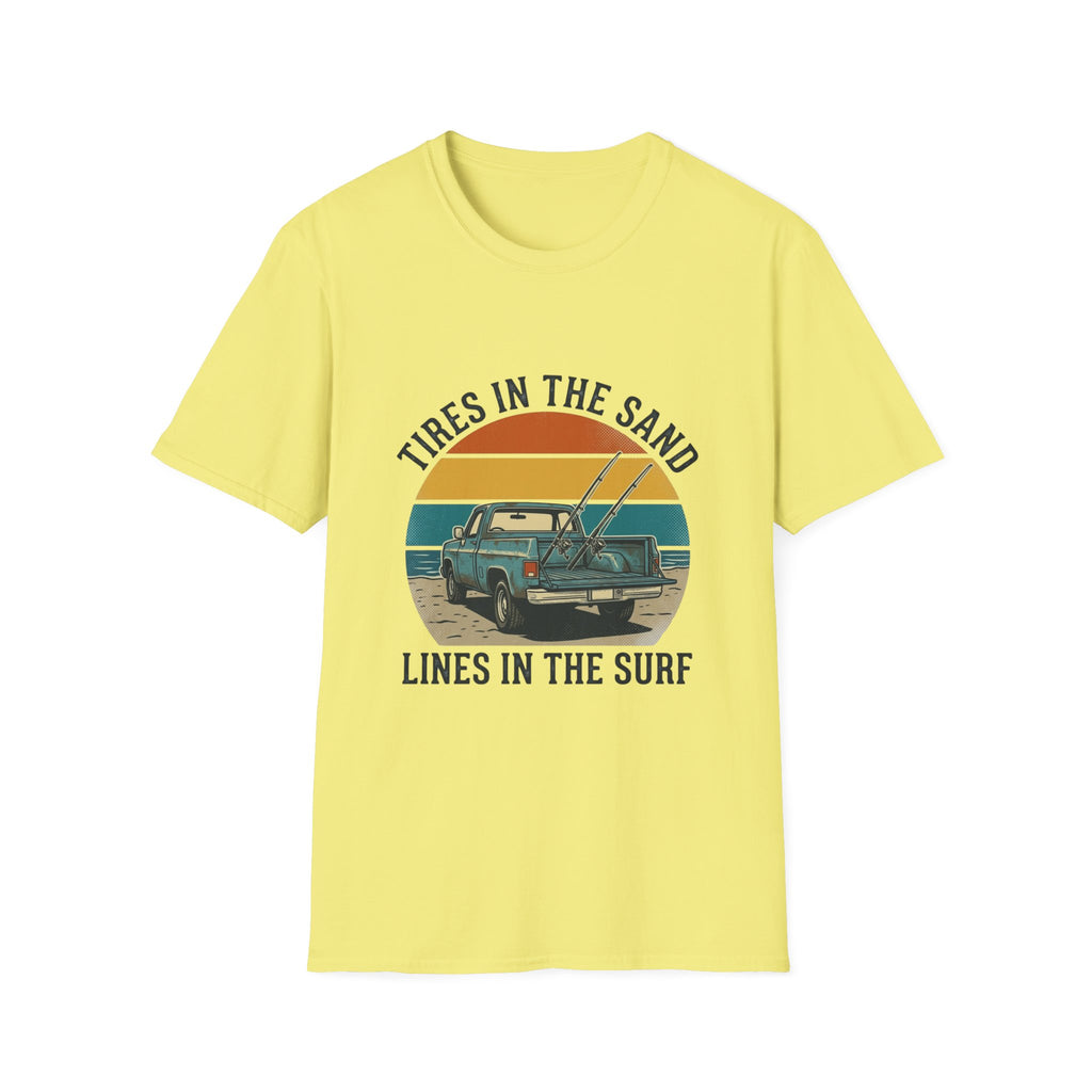 Surf Jeep T-Shirt — "Tires in the Sand, Lines in the Surf" Retro Beach Graphic