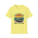Surf Jeep T-Shirt — "Tires in the Sand, Lines in the Surf" Retro Beach Graphic