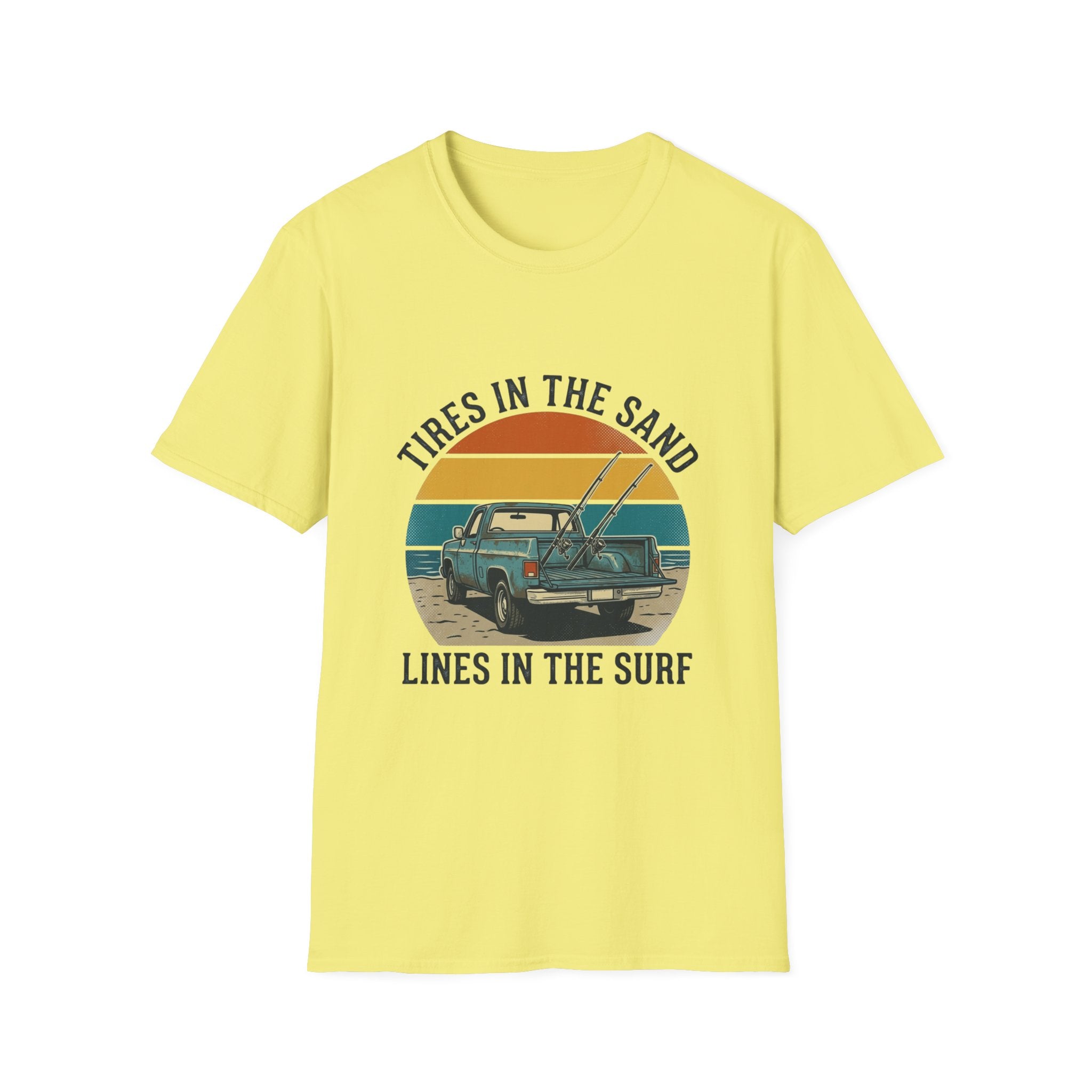 Surf Jeep T-Shirt — "Tires in the Sand, Lines in the Surf" Retro Beach Graphic