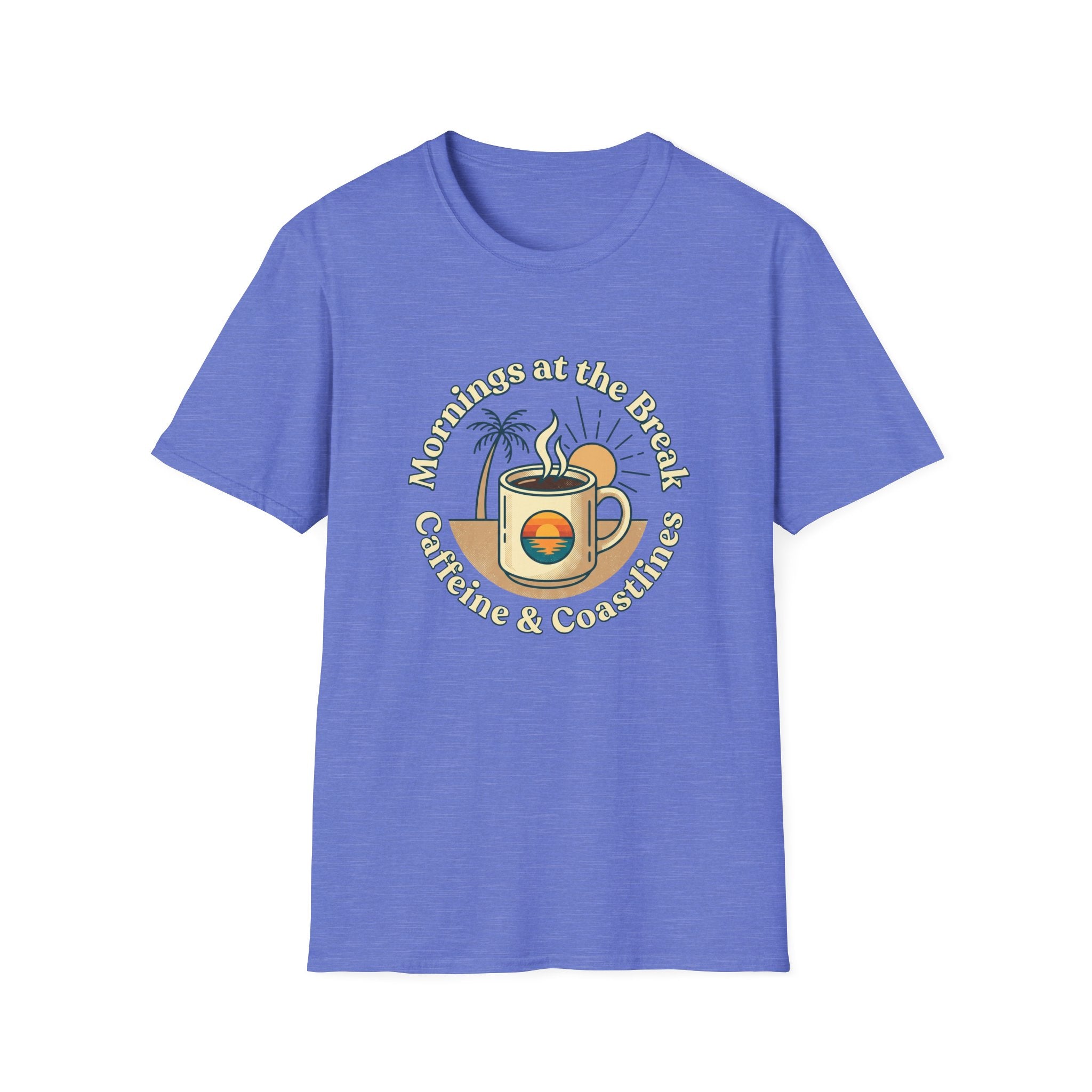 Beach Coffee T-Shirt — "Mornings at the Beach: Sunshine & Caffeine"