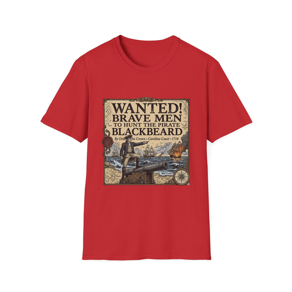 Wanted! Brave Men to Hunt the Pirate Blackbeard T-Shirt — Vintage Pirate Poster Tee