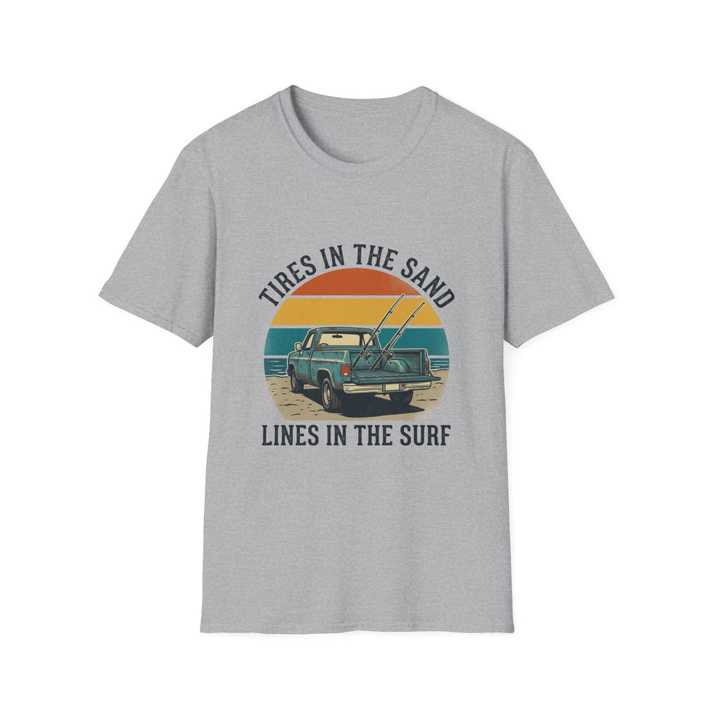 Surf Jeep T-Shirt — "Tires in the Sand, Lines in the Surf" Retro Beach Graphic