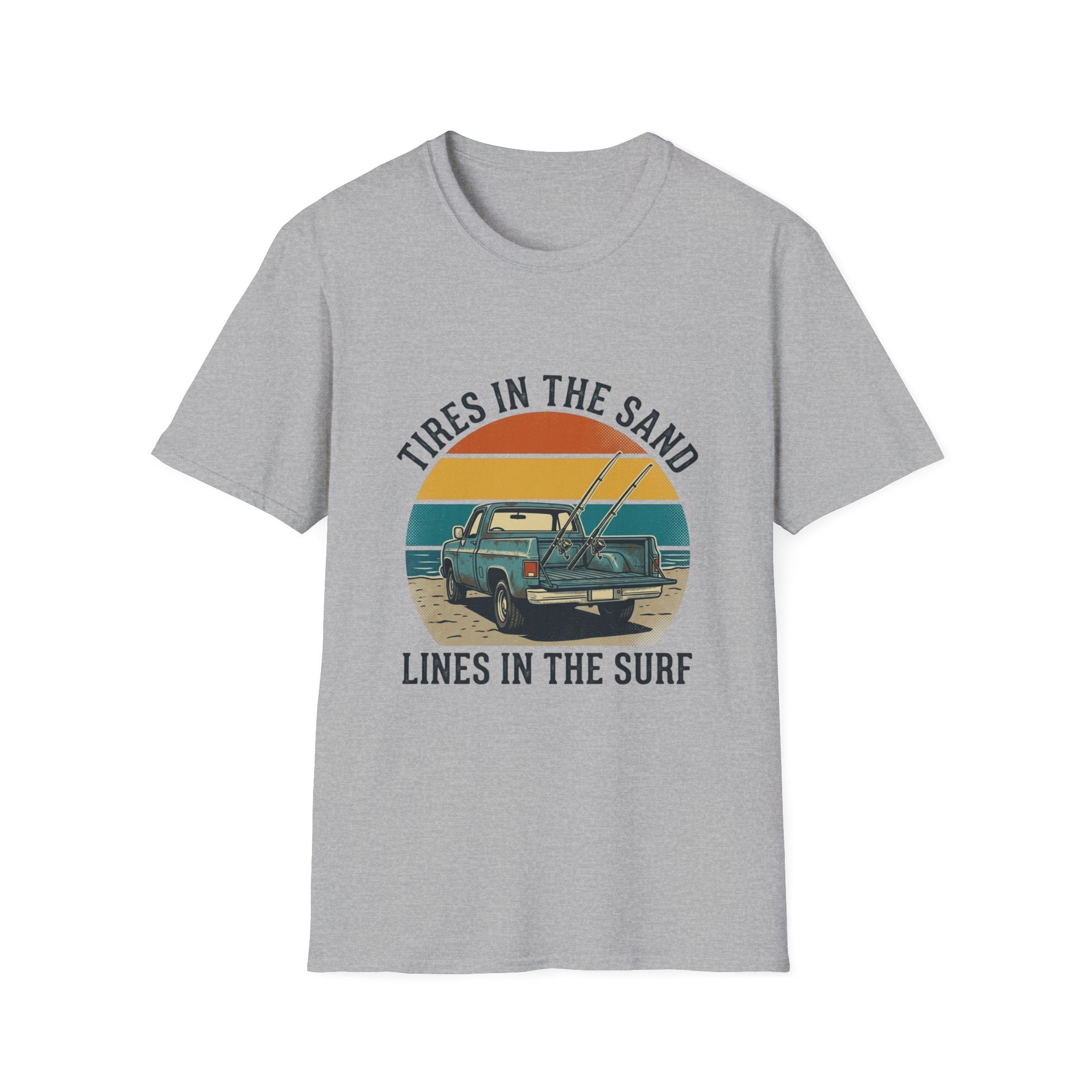 Surf Jeep T-Shirt — "Tires in the Sand, Lines in the Surf" Retro Beach Graphic