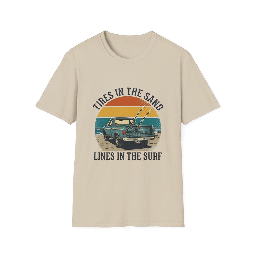 Surf Jeep T-Shirt — "Tires in the Sand, Lines in the Surf" Retro Beach Graphic