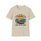 Surf Jeep T-Shirt — "Tires in the Sand, Lines in the Surf" Retro Beach Graphic