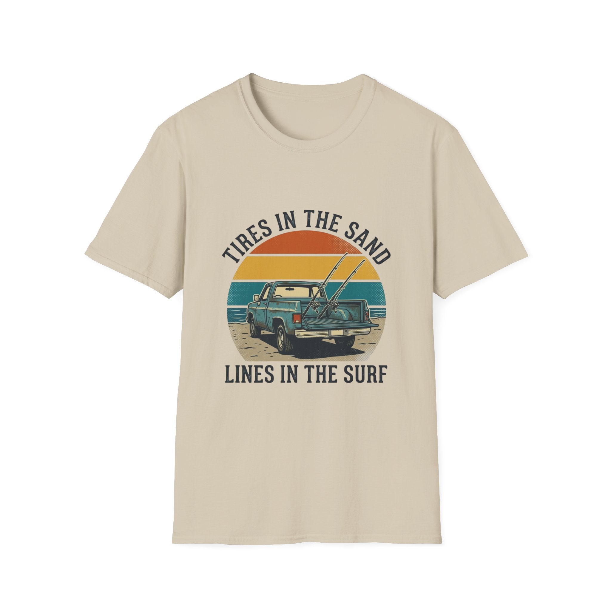 Surf Jeep T-Shirt — "Tires in the Sand, Lines in the Surf" Retro Beach Graphic
