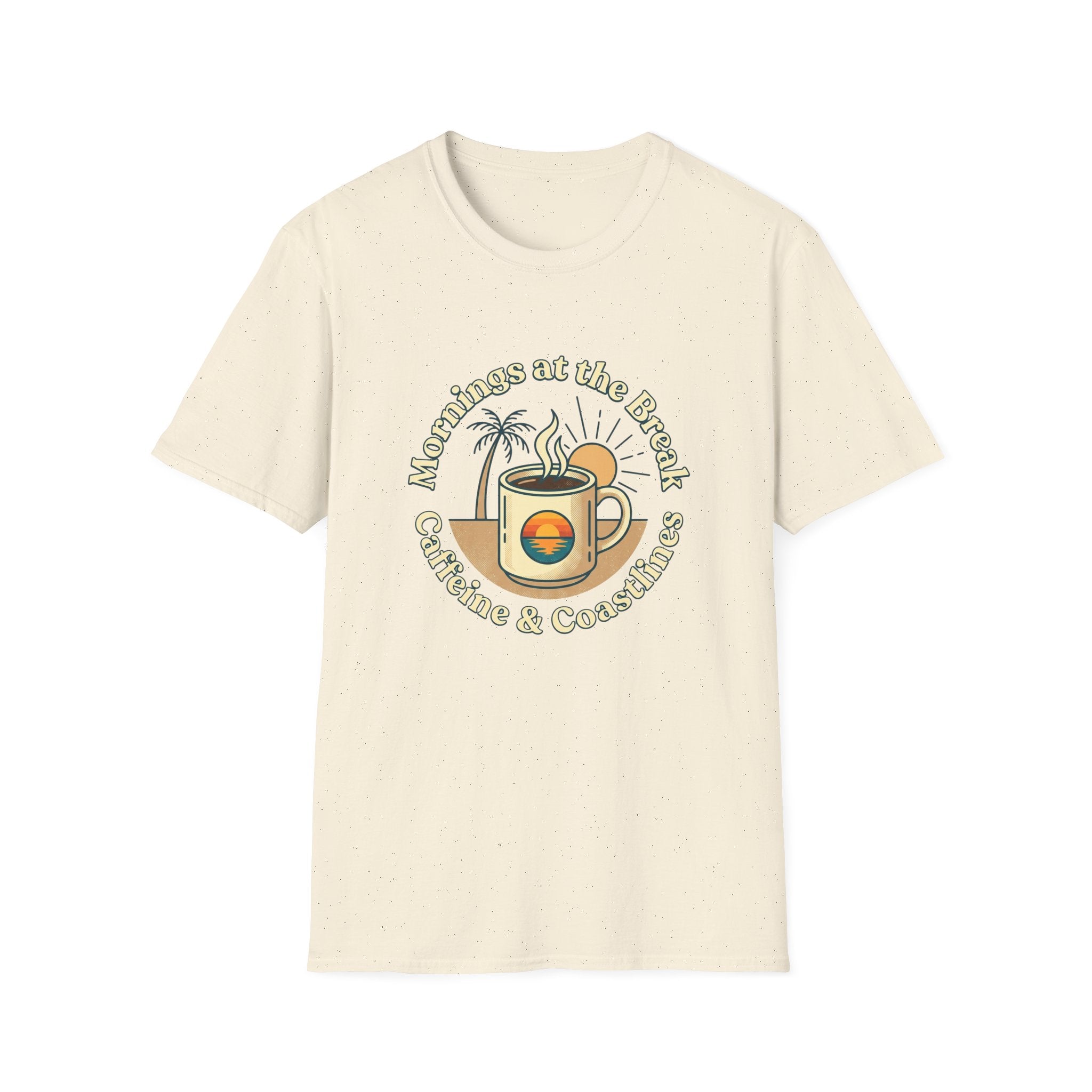 Beach Coffee T-Shirt — "Mornings at the Beach: Sunshine & Caffeine"