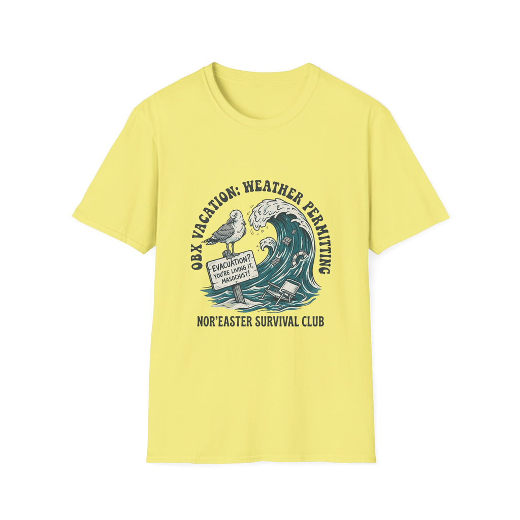 Nor'easter Survival Club T-Shirt — "OK, Vacation: Weather Permitting" Seagull & Wave Tee