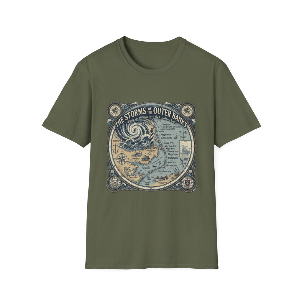 Outer Banks Storms Map T-Shirt — Vintage Coastal Weather Illustration