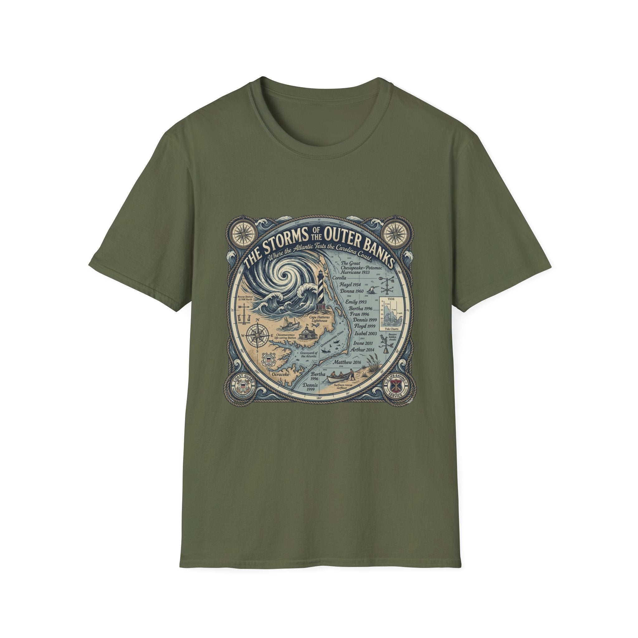 Outer Banks Storms Map T-Shirt — Vintage Coastal Weather Illustration