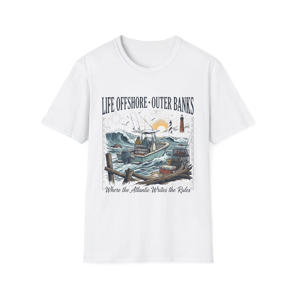 Outer Banks Life Offshore T-Shirt — Coastal Fishing Boat & Lighthouse Tee