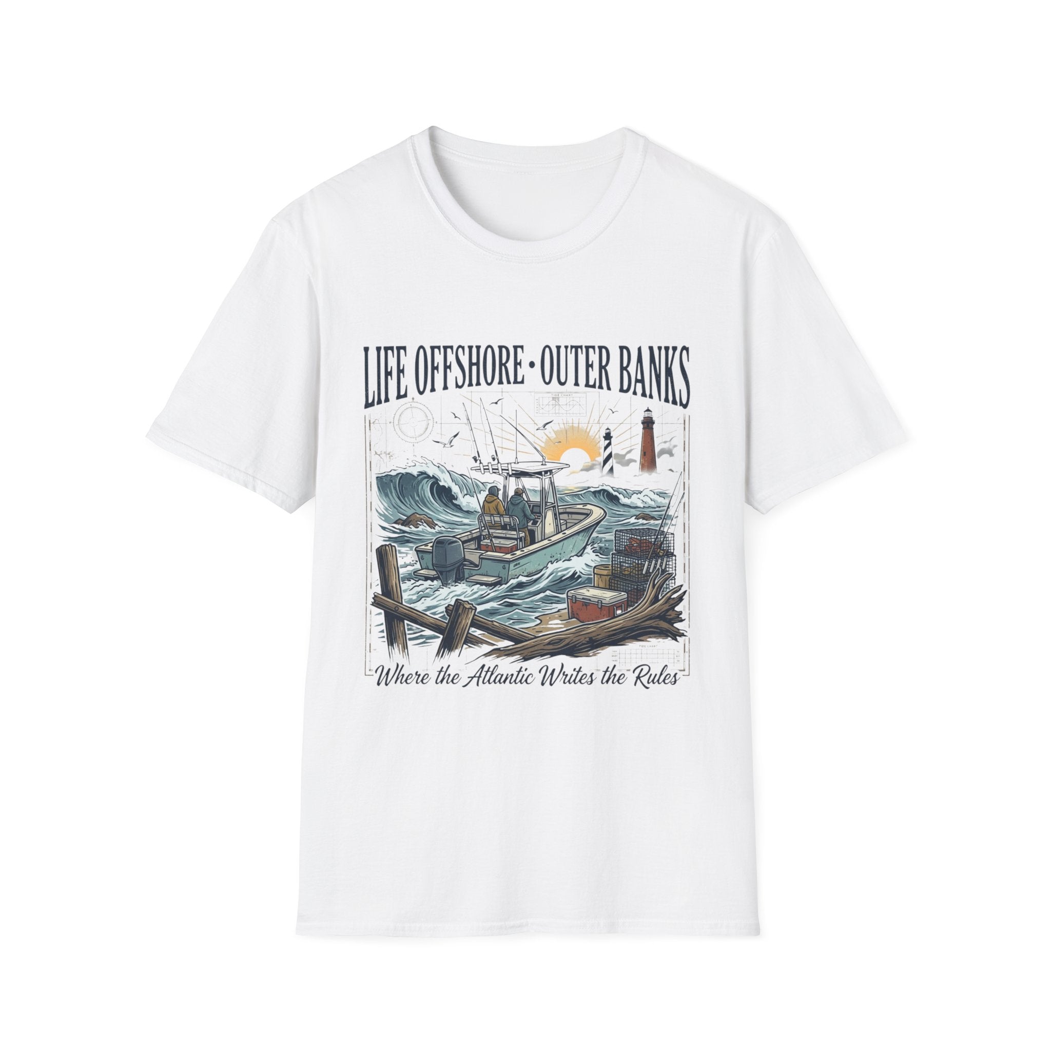 Outer Banks Life Offshore T-Shirt — Coastal Fishing Boat & Lighthouse Tee
