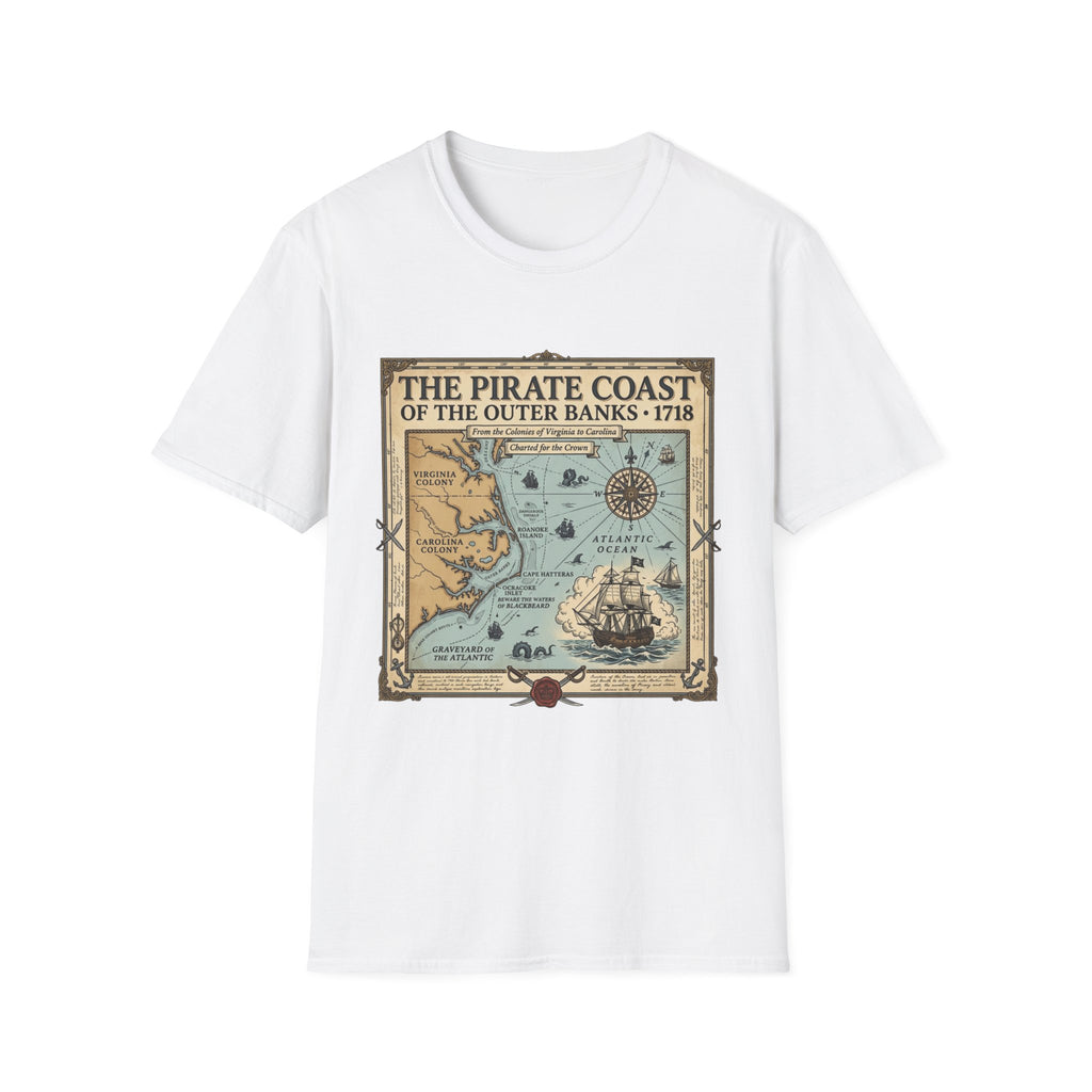 Pirate Coast Map T-Shirt — 'The Pirate Coast of the Outer Banks • 1718' Vintage Nautical Tee