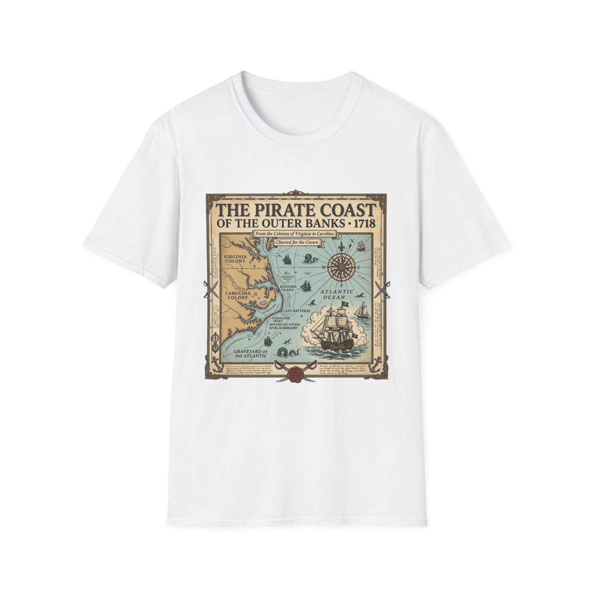 Pirate Coast Map T-Shirt — 'The Pirate Coast of the Outer Banks • 1718' Vintage Nautical Tee
