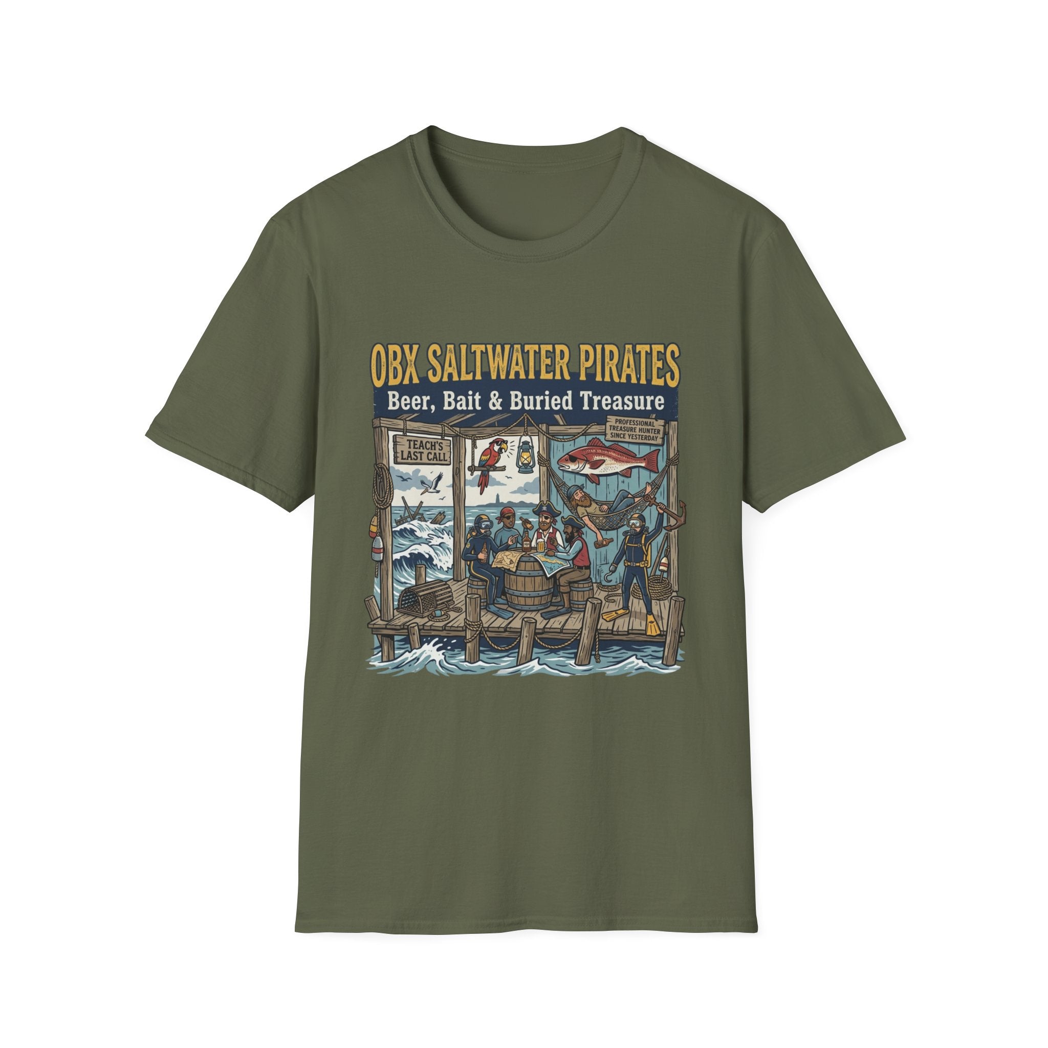 OBX Saltwater Pirates T-Shirt — "Beer, Bait & Buried Treasure" Coastal Fishing Tee