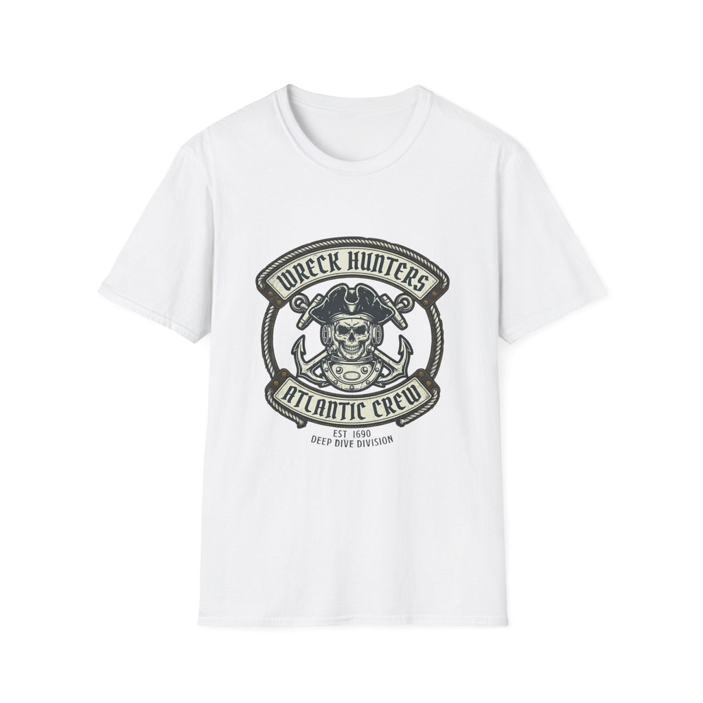 Wreck Hunters Atlantic Crew T‑Shirt — Pirate Skull & Anchor Nautical Graphic Tee