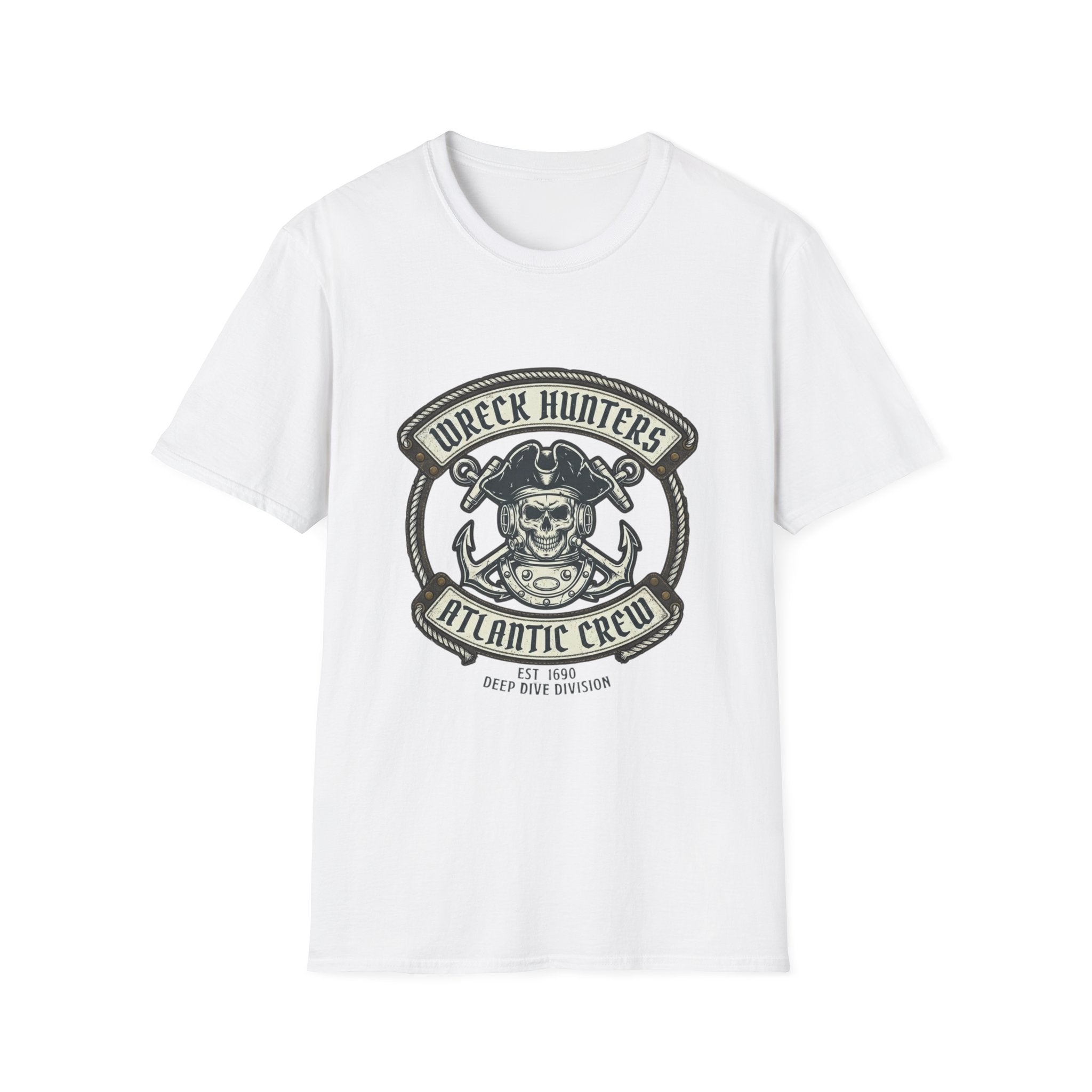 Wreck Hunters Atlantic Crew T‑Shirt — Pirate Skull & Anchor Nautical Graphic Tee
