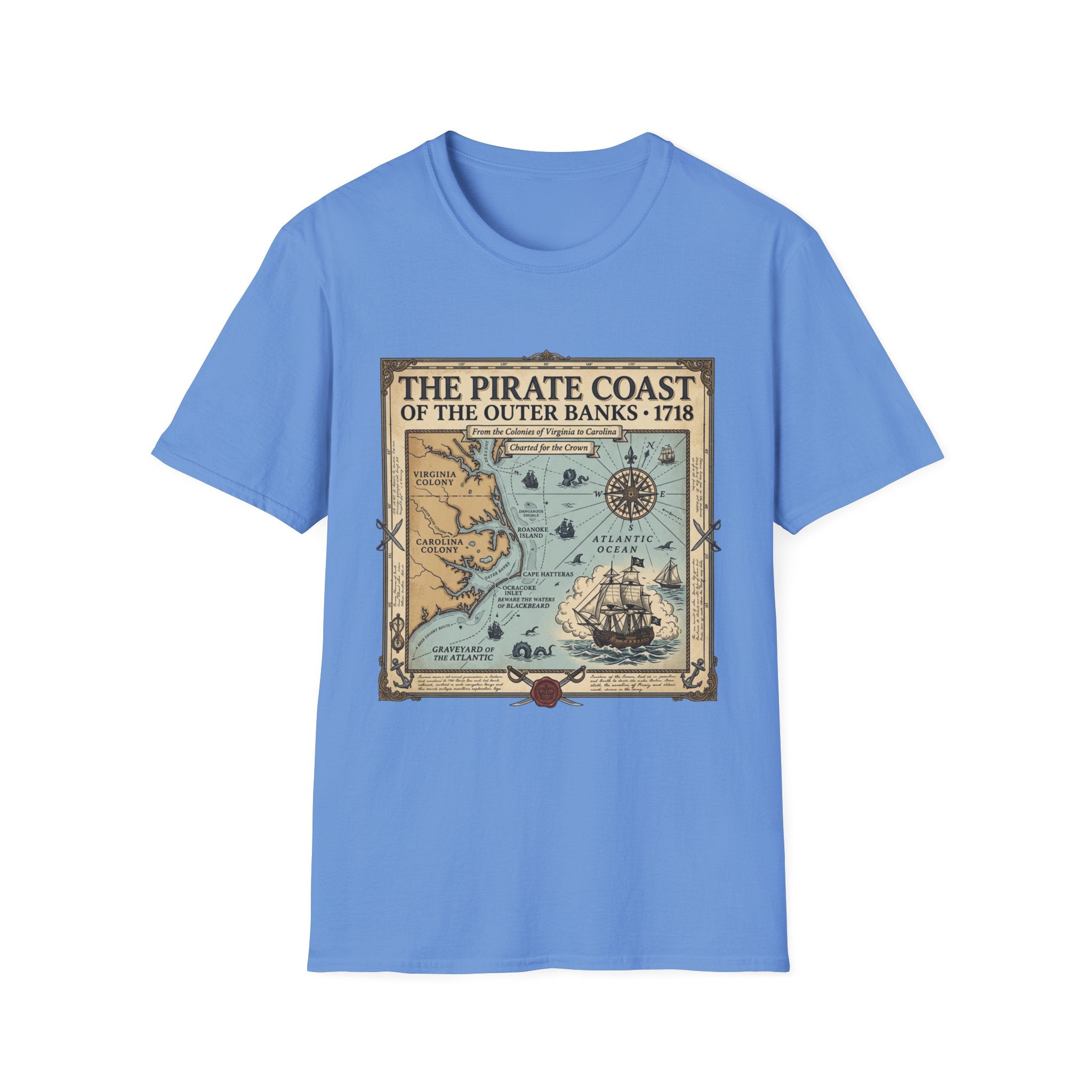 Pirate Coast Map T-Shirt — 'The Pirate Coast of the Outer Banks • 1718' Vintage Nautical Tee