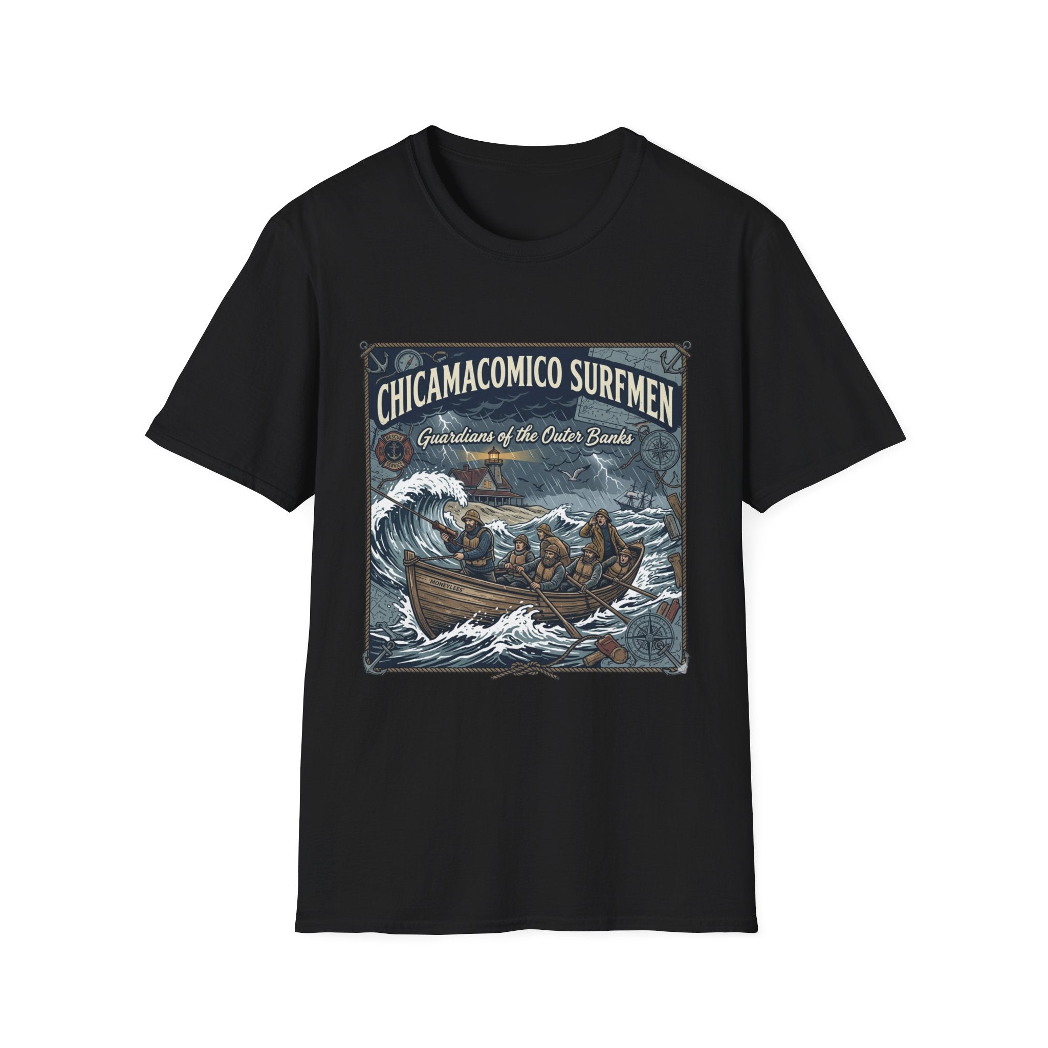 Chicamacomico Surfmen T-Shirt — "Guardians of the Outer Banks" Vintage Surf Rescue Tee
