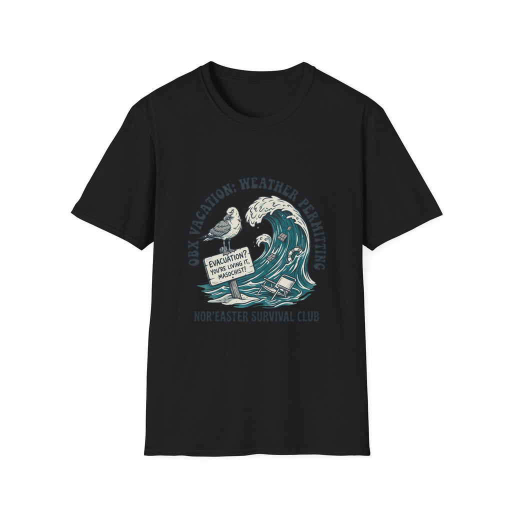 Nor'easter Survival Club T-Shirt — "OK, Vacation: Weather Permitting" Seagull & Wave Tee
