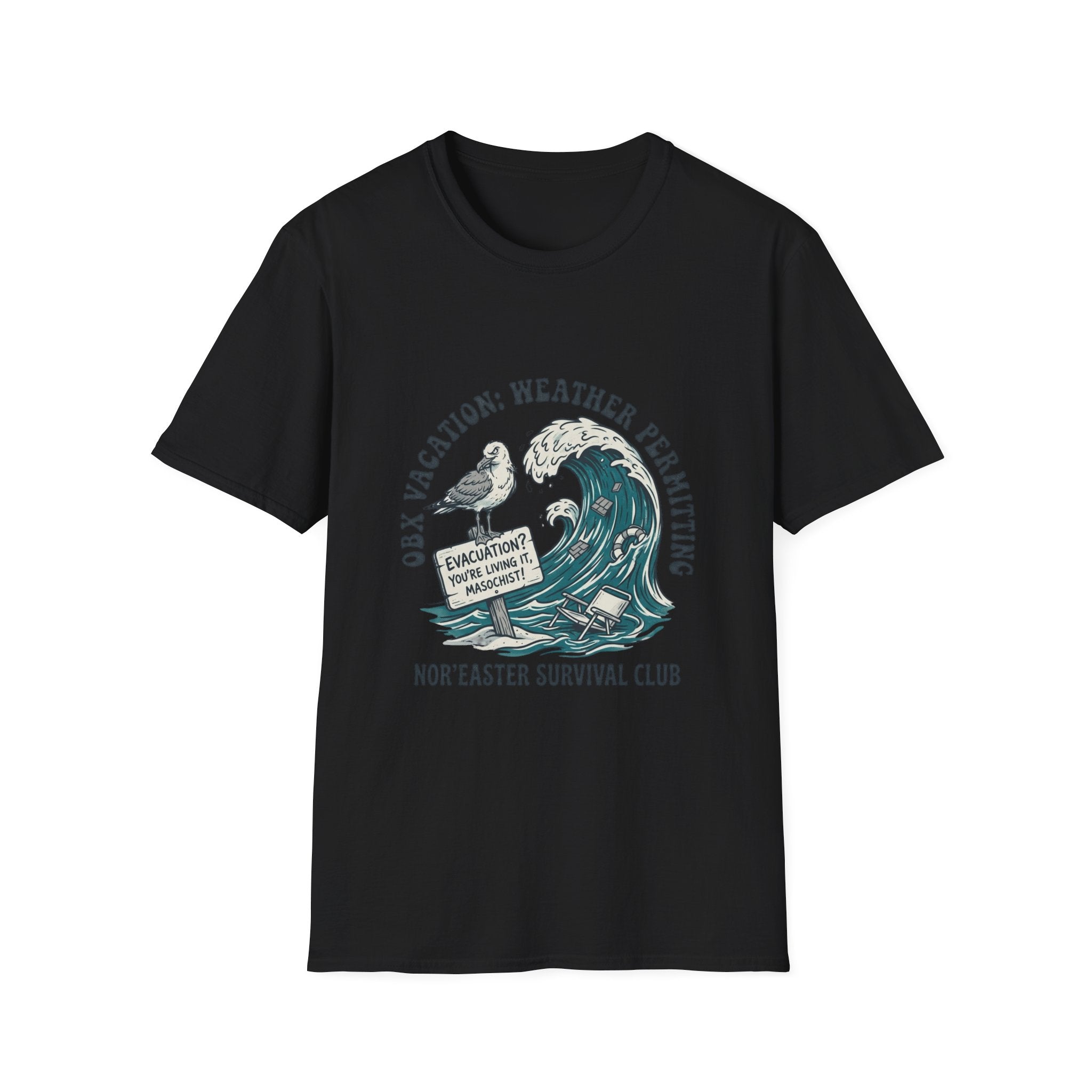 Nor'easter Survival Club T-Shirt — "OK, Vacation: Weather Permitting" Seagull & Wave Tee