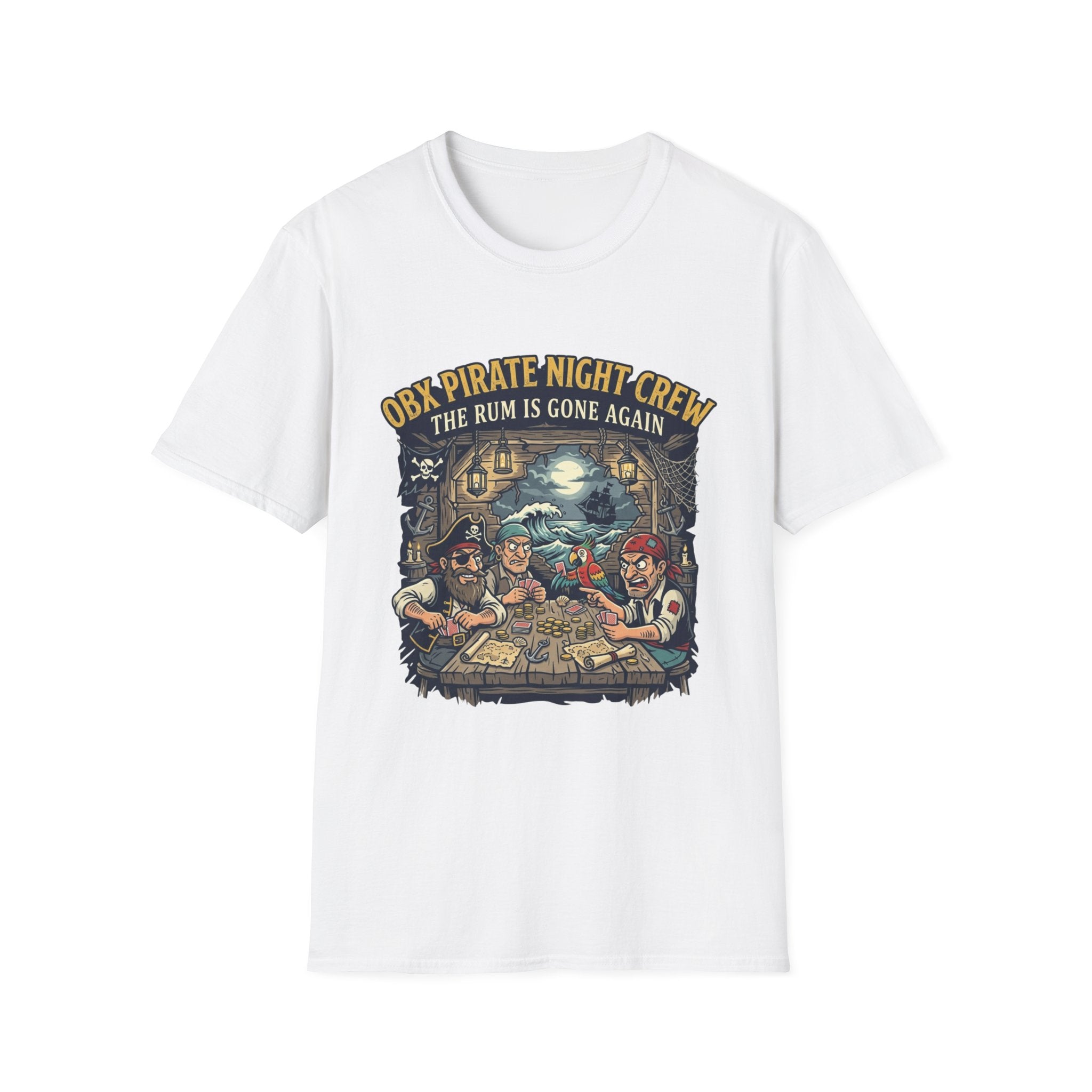Pirate Night Crew T‑Shirt — "OBX Pirate Night Crew: The Rum Is Gone Again" Graphic Tee