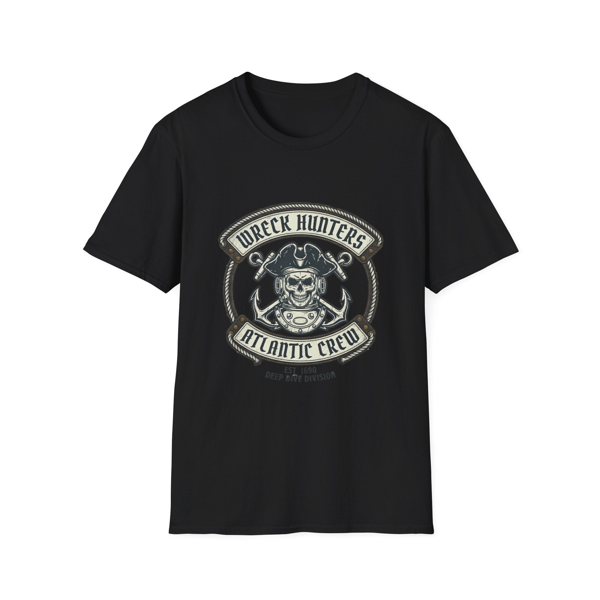 Wreck Hunters Atlantic Crew T‑Shirt — Pirate Skull & Anchor Nautical Graphic Tee