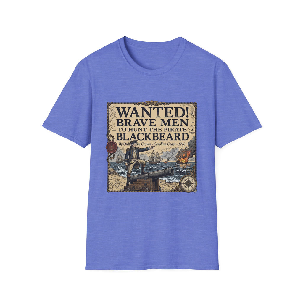 Wanted! Brave Men to Hunt the Pirate Blackbeard T-Shirt — Vintage Pirate Poster Tee