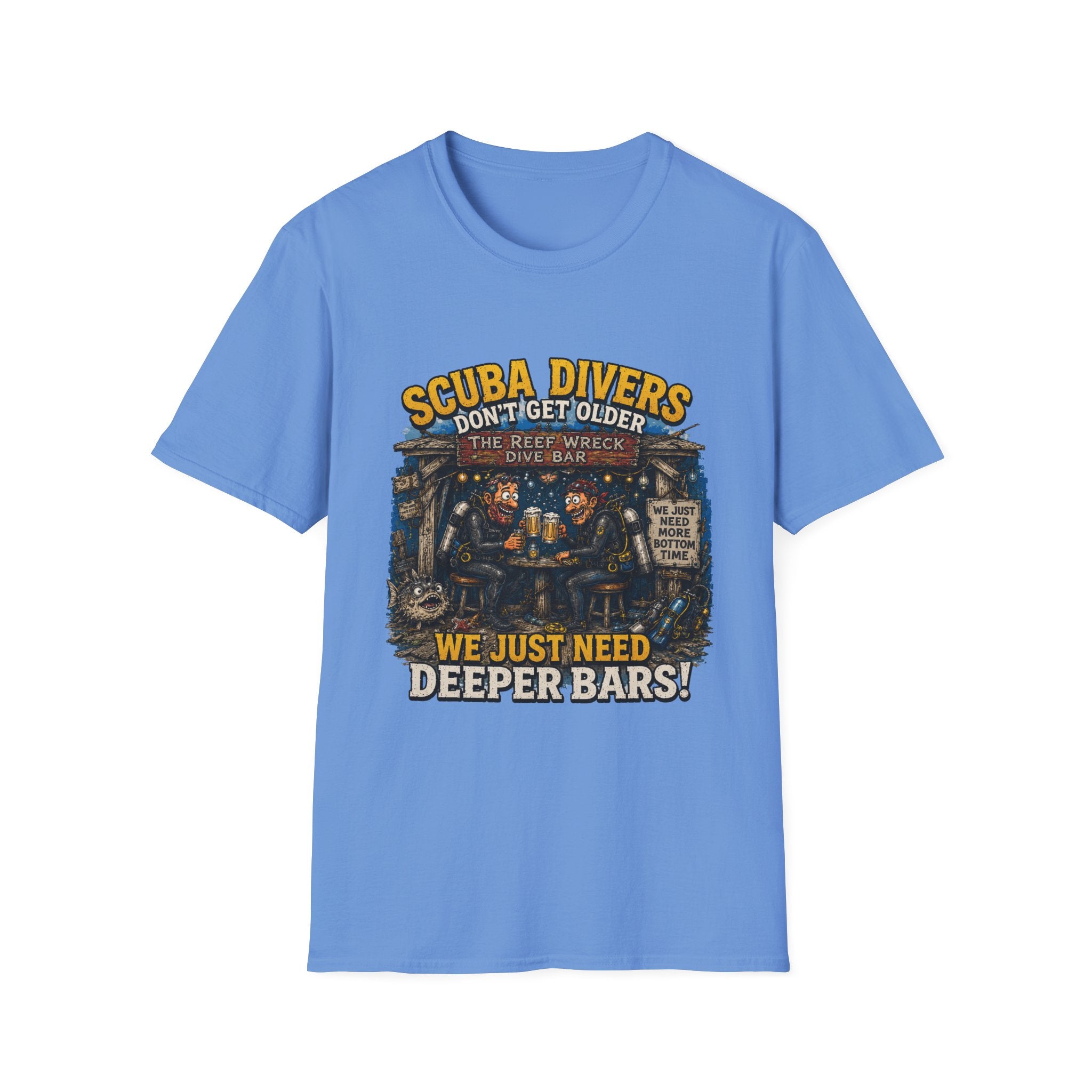 Scuba Divers Don’t Get Older We Just Need Deeper Bars T-Shirt — Funny Diver Tee for Scuba Enthusiasts