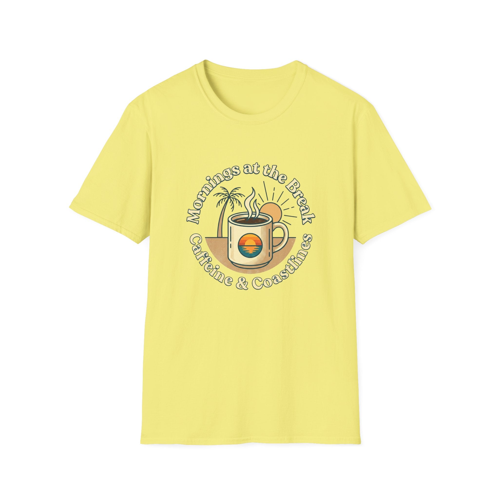 Beach Coffee T-Shirt — "Mornings at the Beach: Sunshine & Caffeine"