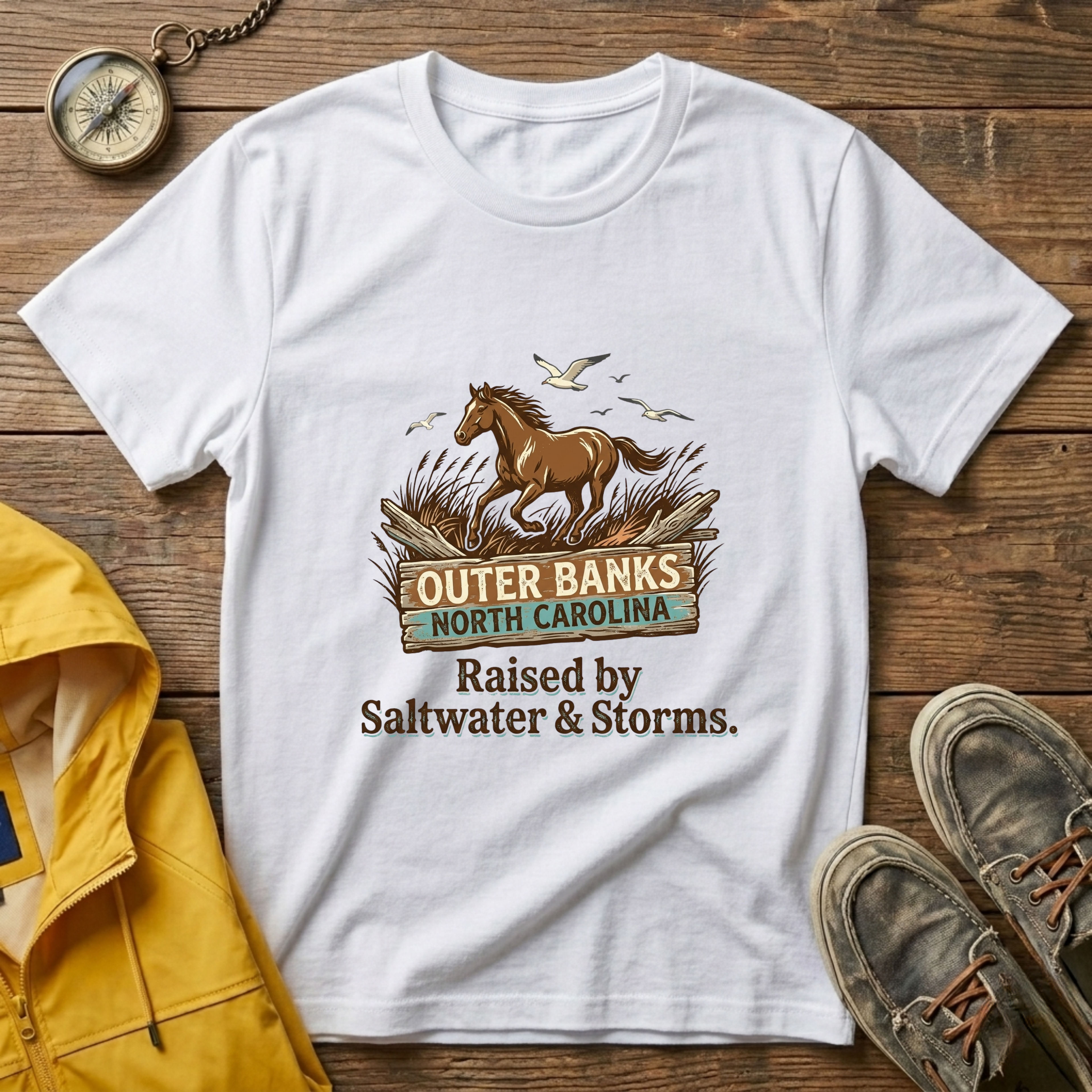 Outer Banks Horse T-Shirt — "Raised by Saltwater & Storms" Coastal Tee